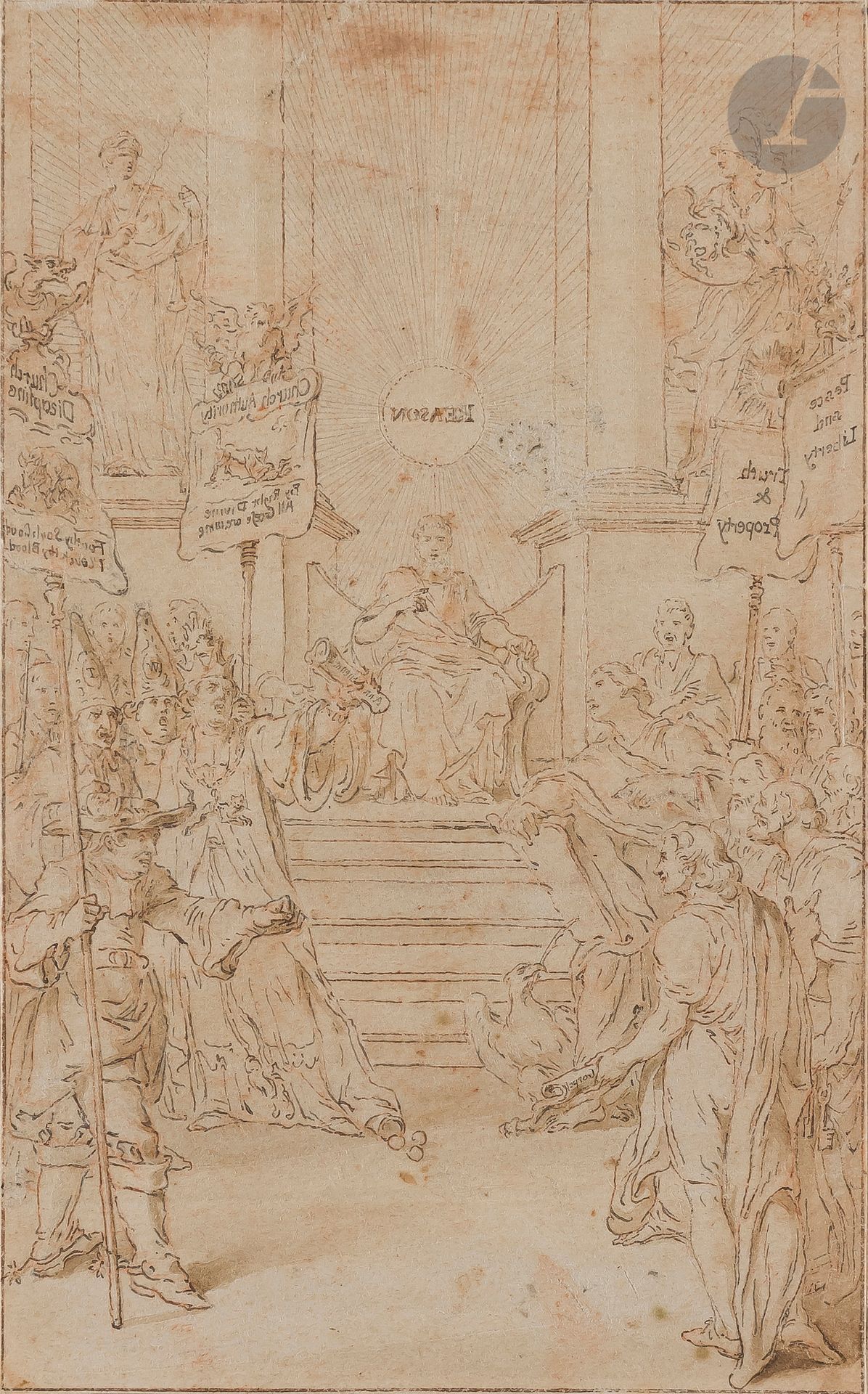 Hubert François GRAVELOT (Paris 1699 - 1773)
Trois Vignettes dont une scène d’histoire anglaise
Plume et encre brune, lavis brun.
Anciennes annotations au verso à la plume et encre brune « Our lady not her babe in her right.. ? in the left, all or Salisbury ».
Pour une des trois : « Le roi Lucius, après avoir construit la cathédrale de Winchester la confie au maire ? » et une allégorie de la raison.
Passées au stylet en vue d’un report.
(Petits manques restaurés sur les bords).
9,2 x 15,5 cm

Provenance :
Ancienne collection du marquis de Lagoy, son cachet en bas à droite (L.1710).

On joint deux autres vignettes du même artiste.