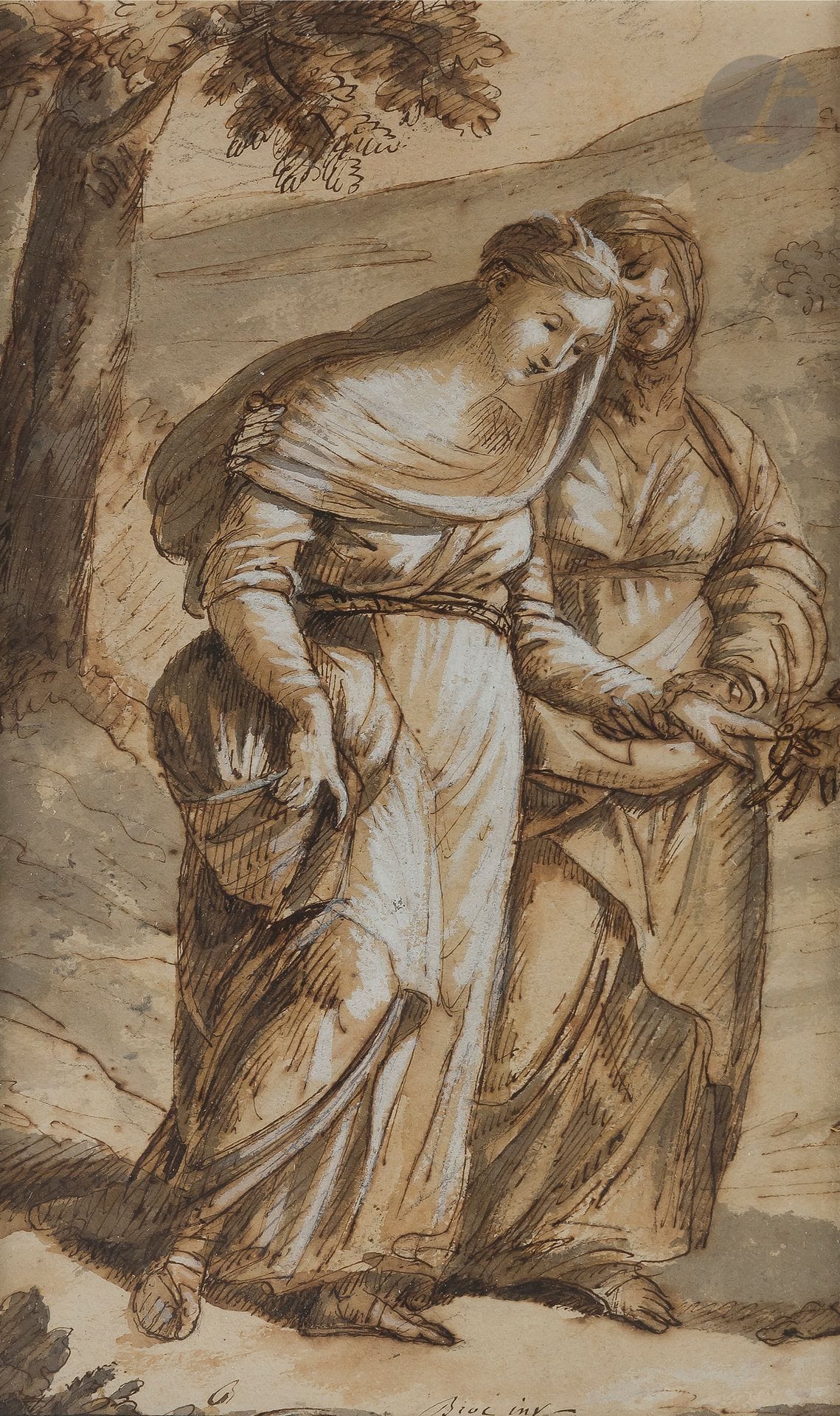 Jean BROC (Montignac 1771 - Lopatyn 1850)
Sainte Anne et la Vierge
Plume et encre brune, lavis gris et brun, crayon noir et rehauts de gouache blanche.
Signée en bas au centre.
(Dessin doublé, piqures).
24,6 x 15 cm

On joint une scène de ruine animée de la fin du XVIIIe  siècle.