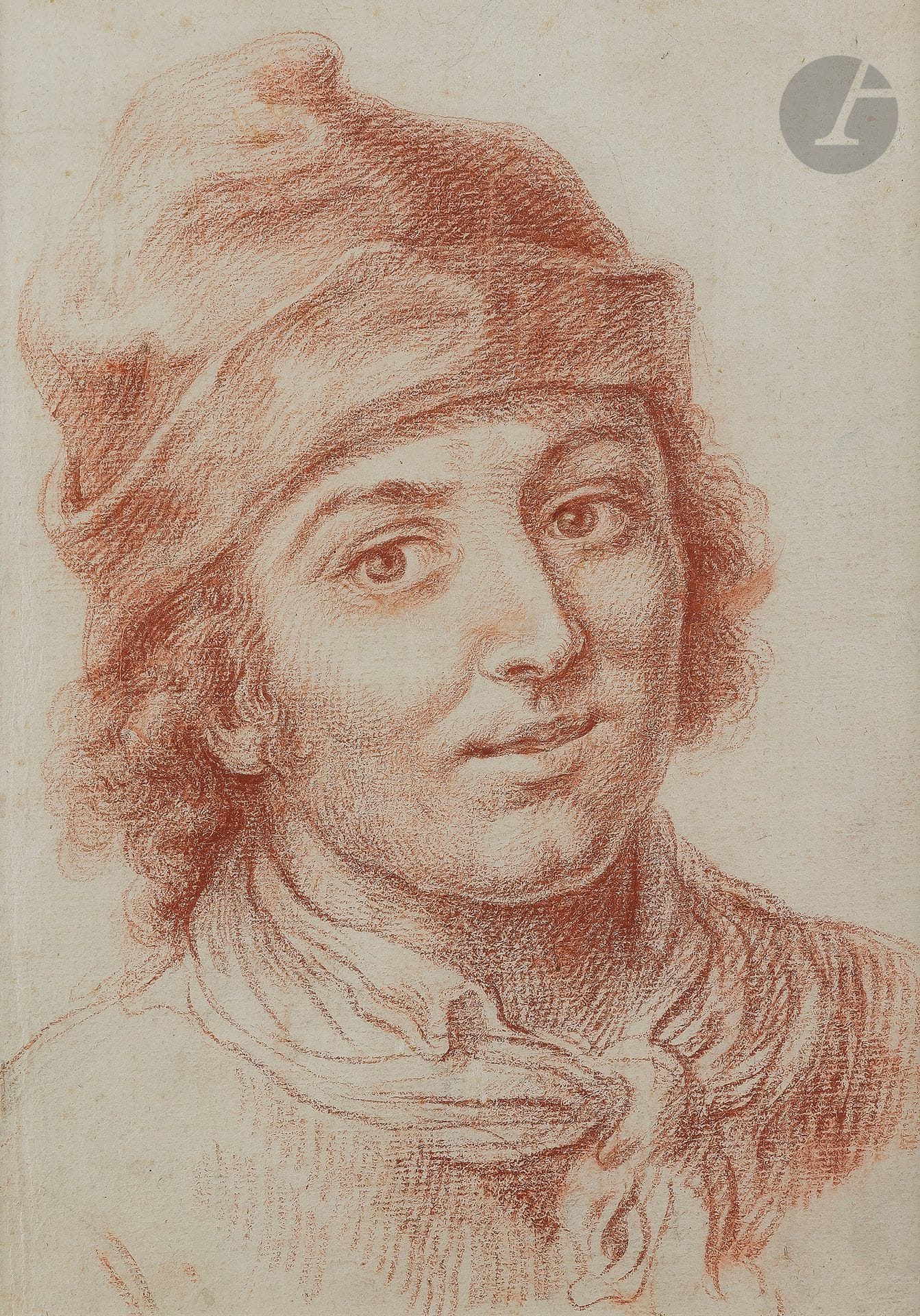 ÉCOLE ITALIENNE du XVIIIe siècle 
Portrait de jeune homme
Sanguine sur papier mi-teinte.
(Petites taches, légèrement insolé, petite pliure sur le bord gauche et petite déchirure dans le haut).
28,6 x 21 cm 

Provenance :
- Ancienne collection Baptistin Rousseau, son cachet en bas à droite (L. 403).
- Cachet de collection non-identifié en en bas à gauche (L. 651).