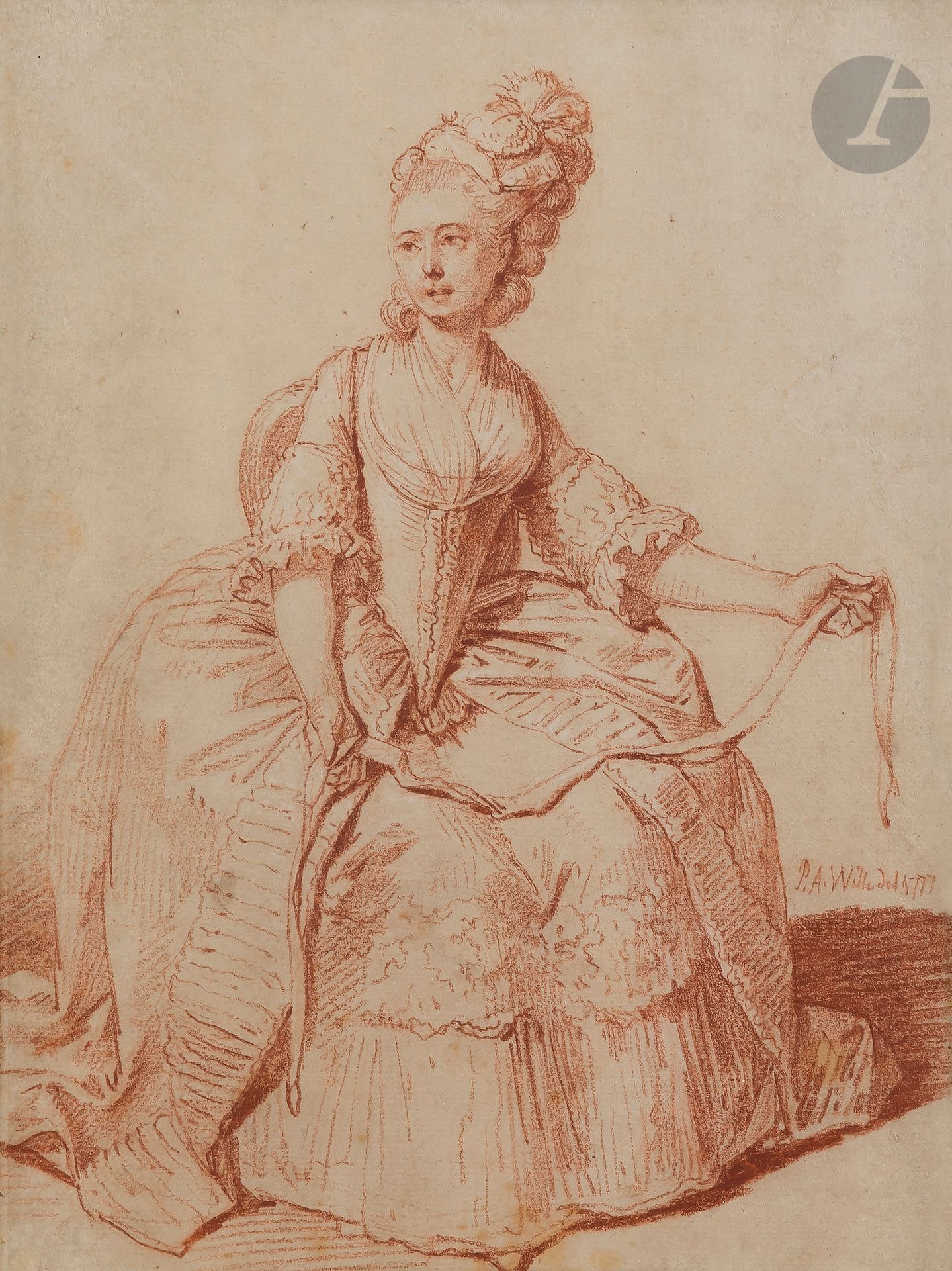 Pierre-Alexandre WILLE (Paris 1748 - 1821)
Woman with ribbon looking to the right
Sanguine.
Signed and dated "1777" in the lower right corner.
(Slightly insolated, stains).
In an antique carved and gilded wood frame.
26,2 x 20 cm
