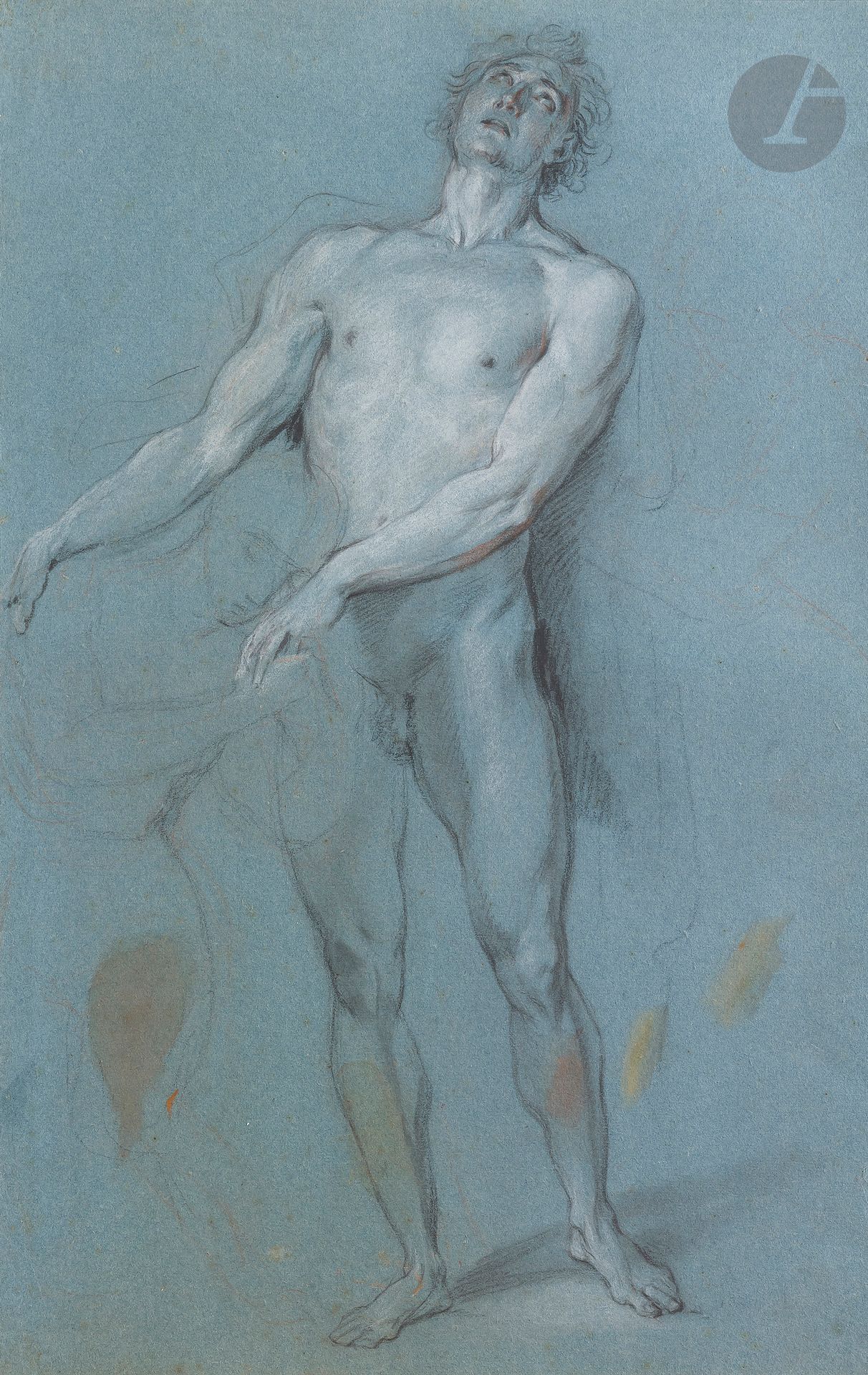 Charles-Antoine COYPEL (Paris 1694 - 1752)
A man raising his eyes to heaven and comforting a kneeling figure
Black stone, blush, traces of red chalk and white highlights on blue paper with several spots of color at the bottom.
(Lined drawing).
45 x 28,7 cm 
 Our drawing is to be compared with two paintings by Charles Coypel: Perseus delivering Andromeda (Musée du Louvre INV. 6688) and The Sacrifice of Iphigenia (known only by the tapestry) (see : Thierry Lefrançois, Charles Coypel 1694 -1752, Paris, Éditions Arthéna, 1994, n°P.76, p. 211 and n°P.112a, pp. 228-229). Dated 1727, the first one was made for the competition instituted by the Duke of Antin. Our sheet shows various similarities with the figure of Cepheus on the right of the painting. We note a variation in the arms and the absence of a second grieving figure. The second, executed around 1730, has been missing since the end of the 18th century but was used as a model for the Gobelins factory to complete the Iliad hanging. Our drawing is very close to the figure of Agamemnon in the center of the work with the only variation being the positioning of the head looking at Iphigenia in supplication.