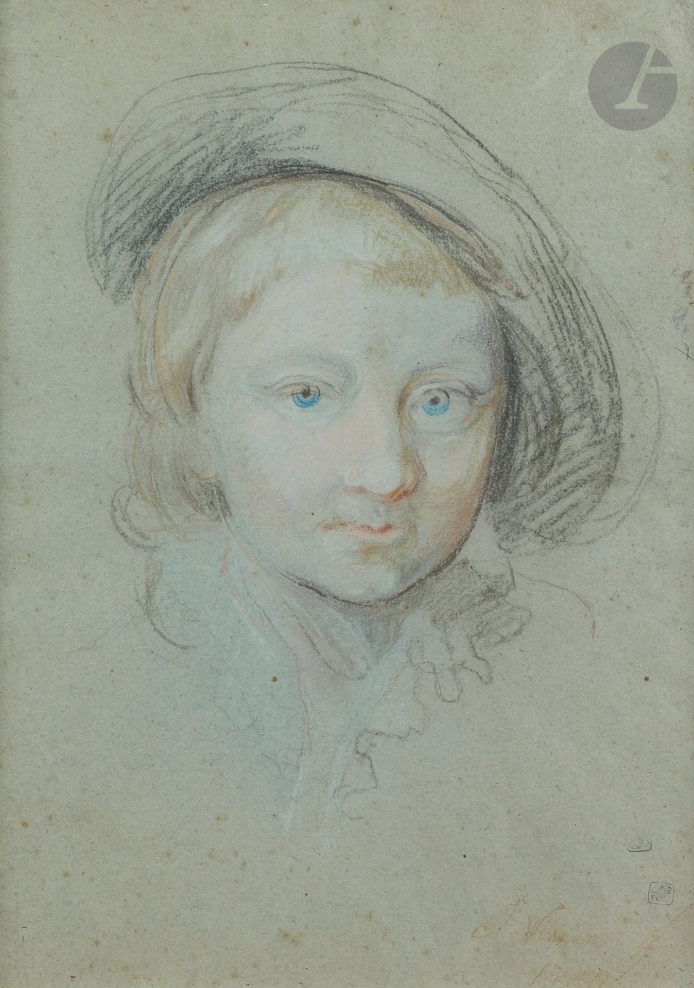 Joseph VIVIEN (Lyon 1657 - Bonn 1734)
Portrait de jeune garçon au béret
Pastel sur papier bleu.
Signé et daté indistinctement en bas à droite, diverses annotations au verso.
(Insolé, épidermures, rousseurs).
43 x 31,5 cm 

Provenance :
Ancienne collection Georges Plach, son cachet en en bas à droite (L.1188), un autre cachet indistinct en bas à droite.