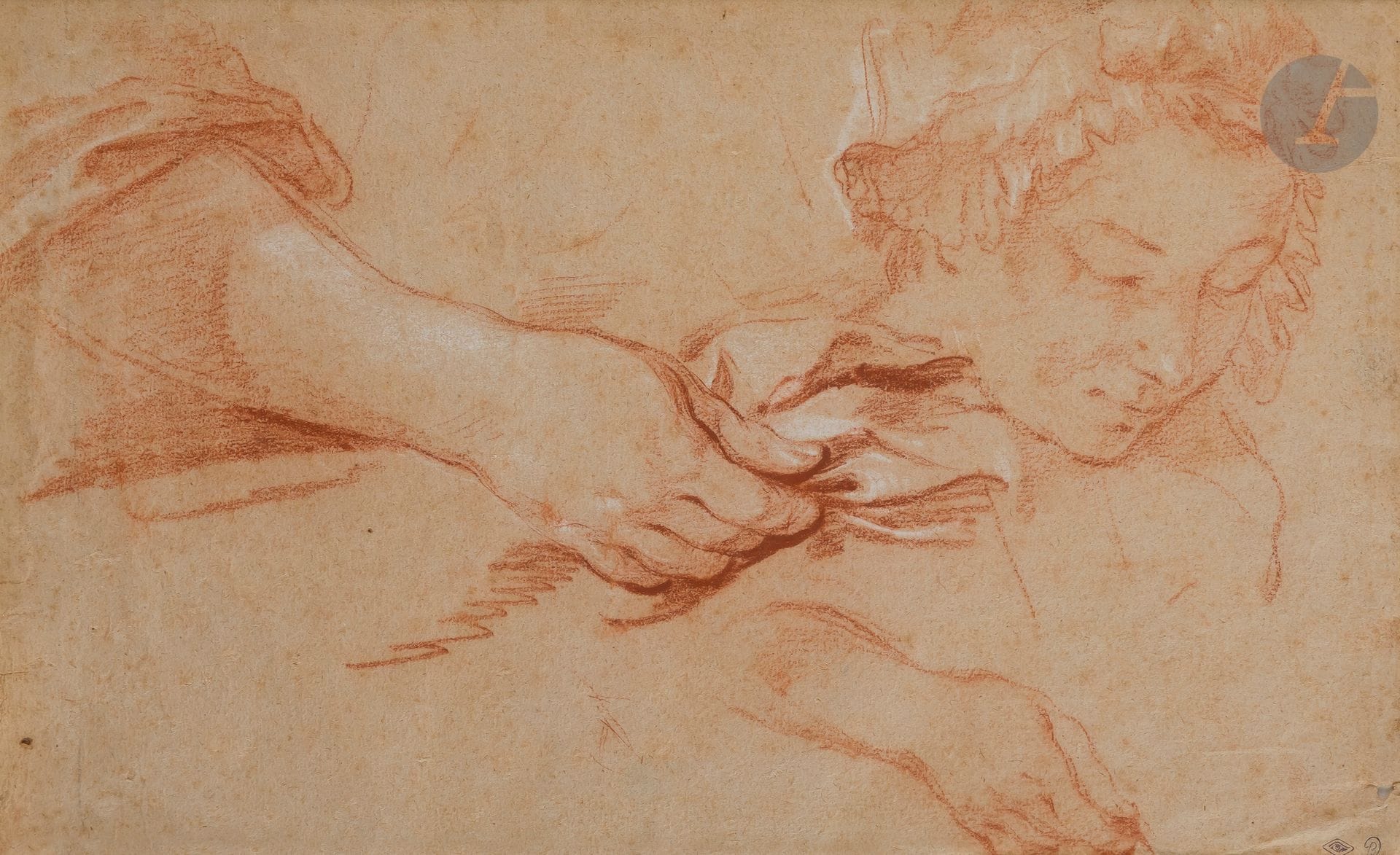 ÉCOLE FRANÇAISE du XVIIIe siècle
Etudes d’avant-bras, reprise de la main et tête de jeune femme 
Sanguine et rehauts de craie blanche sur papier beige.
Au verso de l’encadrement, ancienne étiquette de vente de la collection J.A Boussac.
(Bords irréguliers, petit trou en bas à droite et en bas à gauche, pliures et rousseurs).
27,2 x 43,2 cm

Provenance :
- Ancienne collection J.A Boussac, son cachet en bas à droite (L.729b). Sa vente le 10-11 mai 1925, Galerie George Petit, Paris, Maîtres Rémard et Lair-Dubreil, n° 188, p. 80 reproduit.
- Ancienne collection C. Férault, son cachet en bas à droite (L.2793a), sa vente du 25 novembre au 15 décembre 1927, n° 67.