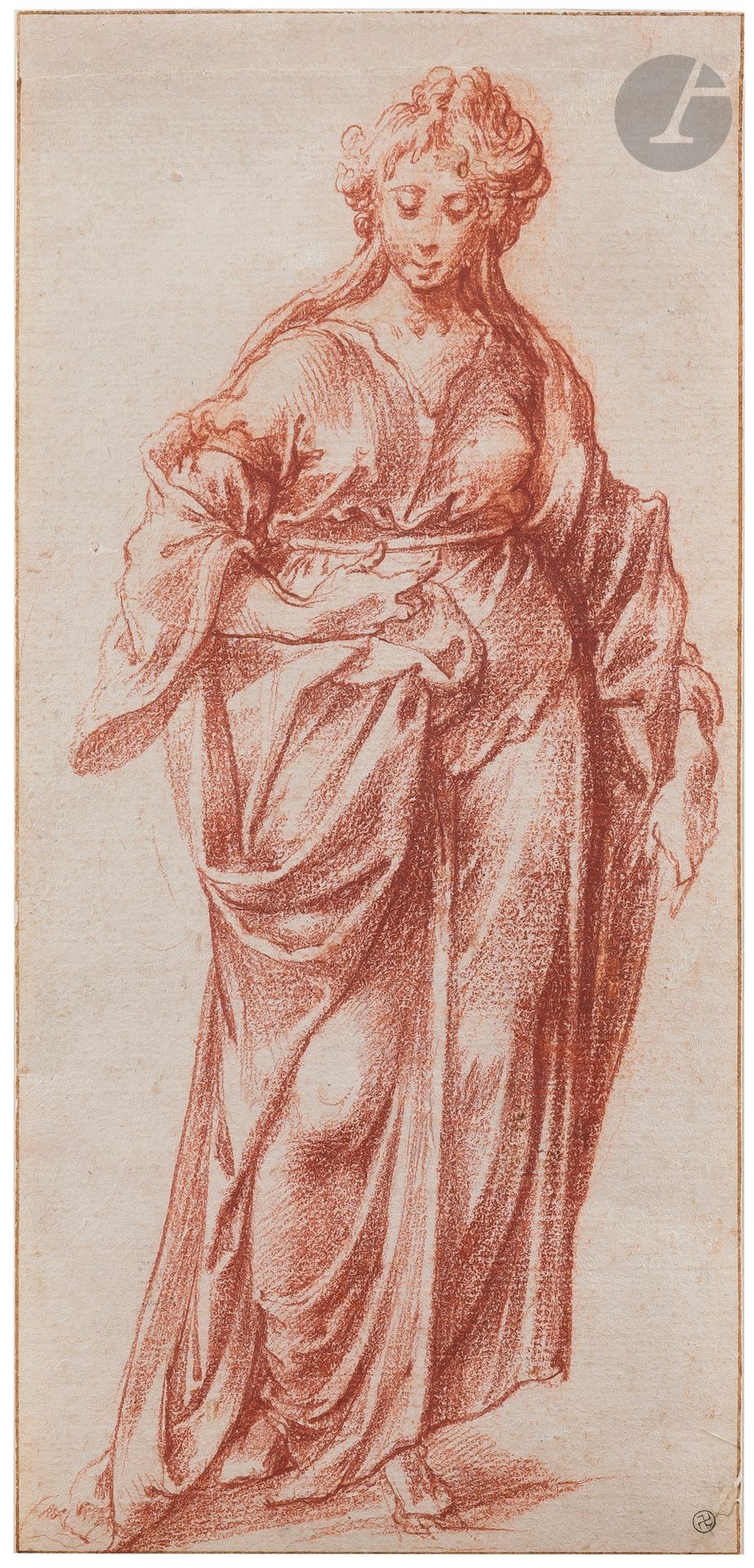 17th century FLEMISH SCHOOL 
Draped full-length woman after a Venetian master
Burnt sanguine.
(Paper strip added at the top, small stains).
25,3 x 12 cm

Provenance:
Former collection C. Molinier, stamped lower right (L. 2917).