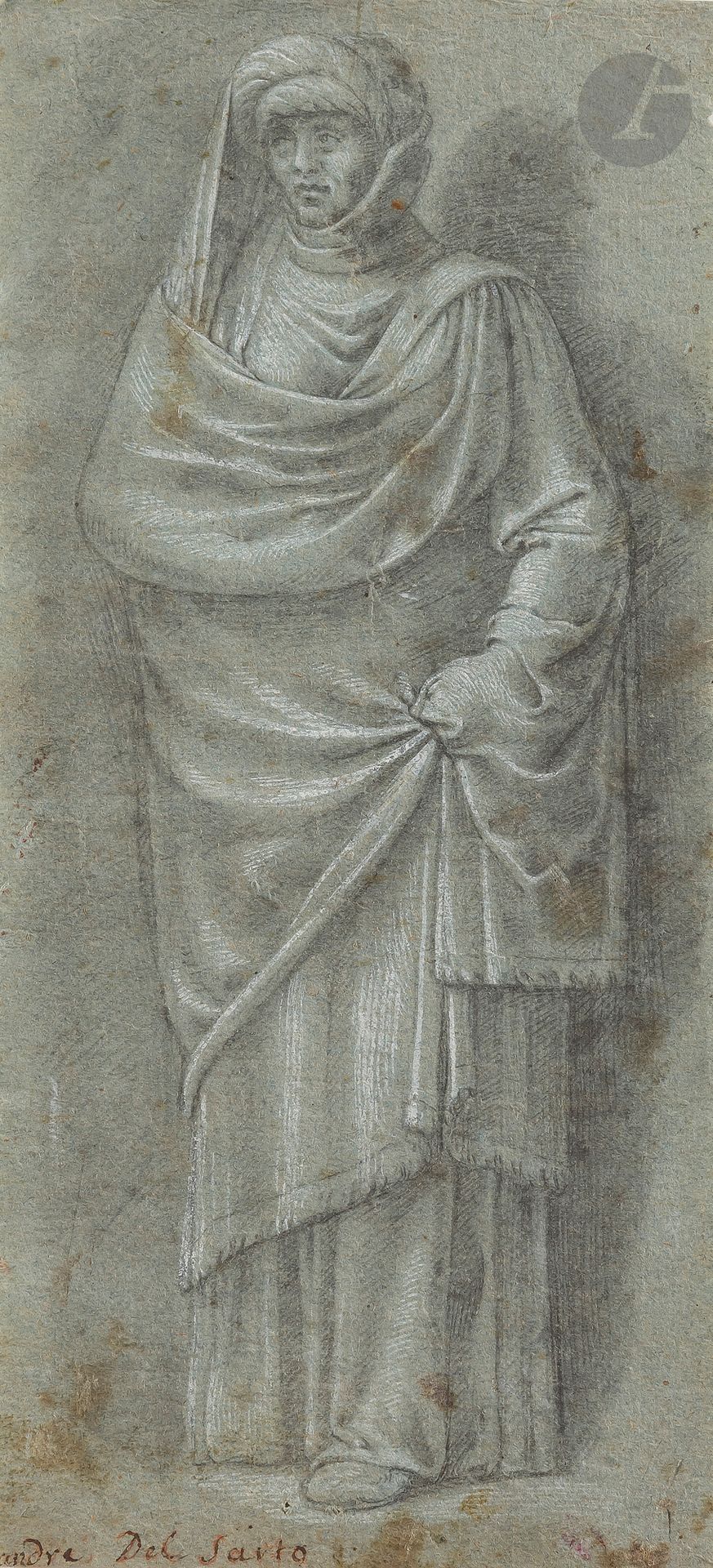ÉCOLE ITALIENNE du XVIe siècle 
Portrait en pied d’un homme en costume oriental d’après Andrea del Sarto
Crayon noir et rehauts de gouache blanche sur papier bleu.
Annoté « Andrea del Sarto » en bas à gauche.
Trace de cachet en bas à droite.
Partiellement passé au stylet.
(Rousseurs et taches).
25,3 x 11,5 cm

On joint une étude pour un évêque en adoration (dessin école italienne du XVIIe siècle).