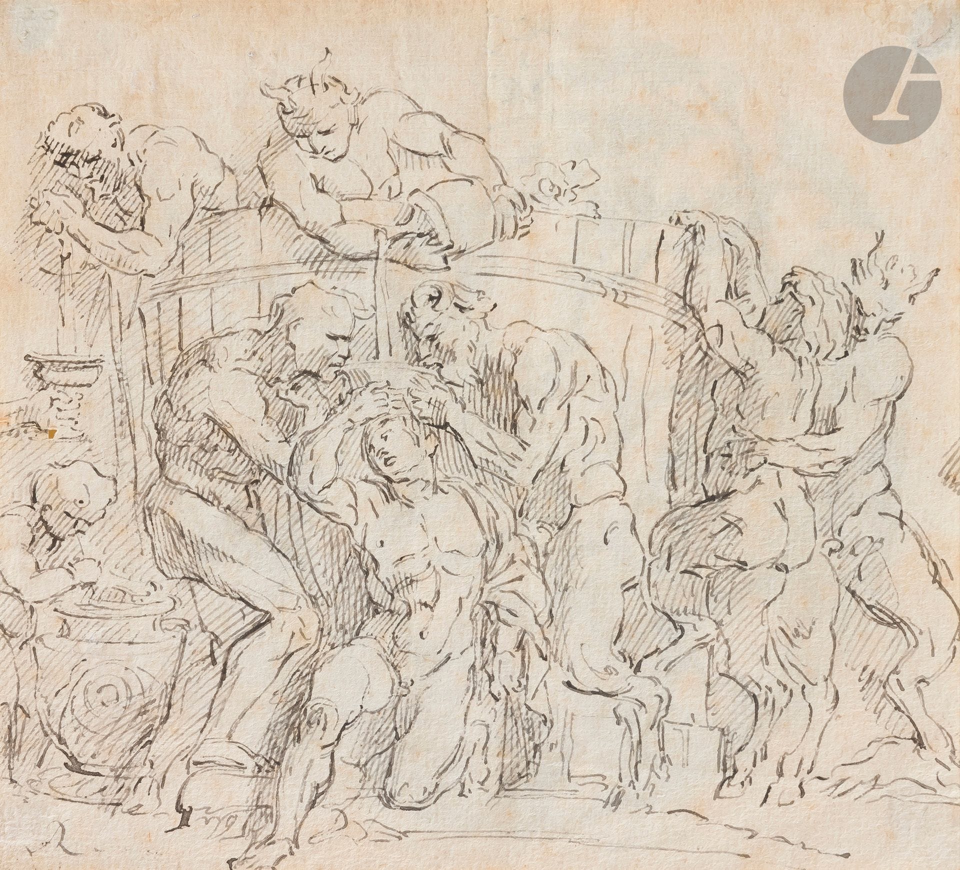 Attribué François ROETTIERS (Londres 1685 - Vienne 1742) 
Bacchanale autour d’une cuve à vin
Plume et encre noire.
Étude au verso « Christ dans les nuages ».
Monogrammé d’un « R » en bas à gauche.
Au verso une figure divine avec des angelots en tondo.
(Une déchirure d’environ 2 cm en haut au centre, pliures, un accident sur la gauche).
14,5 x 16,1 cm

On joint un dessin de l’école française du XVIIe siècle.