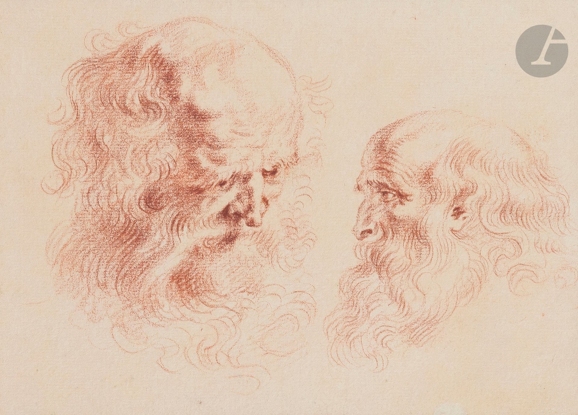 Antoine WATTEAU (Valenciennes 1684 - Nogent-sur-Marne 1721)
Deux têtes de vieillard, d’après Rubens
Sanguine brûlée.
(Collé en plein sur un montage ancien du XVIIIe siècle, légèrement insolé).
13,5 x 19 cm

Bibliographie :
Pierre Rosenberg et Louis-Antoine Prat, Antoine Watteau 1684 - 1721, Catalogue raisonné des dessins, Milan, Édition Leonardo Arte, 1996, tome I, n° 240 bis, p. 384, reproduit.

Notre dessin est une copie de deux œuvres de Rubens : le Saint-Thomas du Prado (inv. 1654) et la tête de vieillard du Kunsthistorisches Muséum de Vienne (inv. 522). Elles auraient été réalisées par l’intermédiaire de l’album dit «Piles-Crozat» qui contenait 94 dessins de têtes réalisés par un artiste de l’atelier de Rubens d’après les œuvres de son maître. Rosenberg et Prat situent la date de réalisation du dessin autour de 1714.