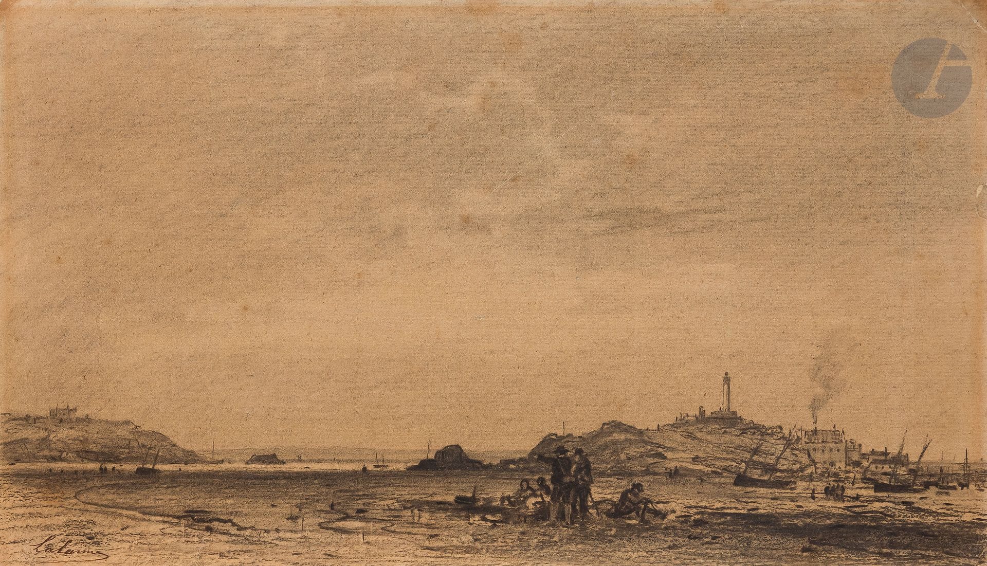 Maxime LALANNE (Bordeaux 1827 - Nogent-sur-Marne 1886)
Paysage marin animé
Pierre noire et estompe.
Signé en bas à gauche. 
18 x 30,7 cm

On joint deux autres dessins : une caricature de femme de profil gauche et une esquisse pour Le Poème de la vigne, vase monumental.
