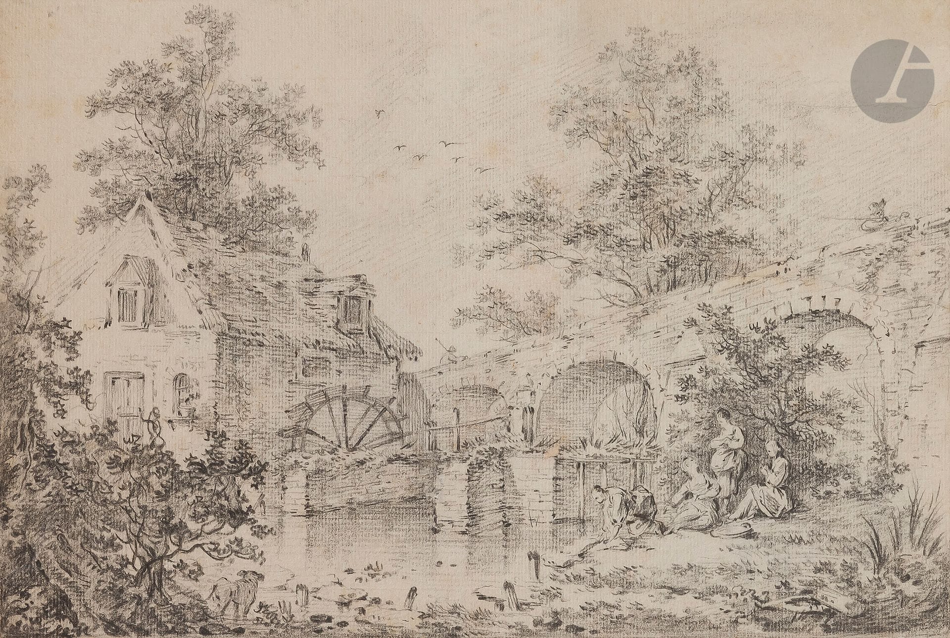 Jean-Baptiste LE PRINCE (Metz 1734 - Lagny-sur-Marne 1781)
Lavandières dans un paysages
Pierre noire.
Cachet du monteur en bas à droite « ARD », non identifiée (L.172).
(Pliure sur le bord droit).
19,5 x 29,4 cm

On peut rapprocher notre dessin de trois autres paysages animés de Leprince de même technique et dimensions proches. Deux provenant de la vente Masson du 7 et 8 mai 1923, lots n° 130 et 131 ainsi qu’un passé par une vente chez Maître Cornette de Saint-Cyr, Paris, Hôtel Drouot, 5 juin 2008, n° 15.