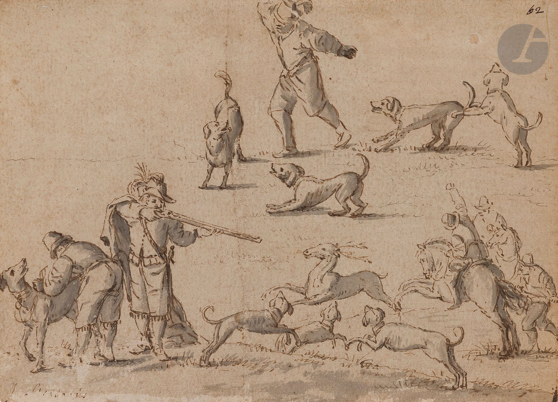 ÉCOLE DU NORD du XVIIe siècle 
Scène de chasse
Plume et encre brune, lavis gris.
Numéroté en haut à droite et trace de signature en bas à gauche.
Ancienne attribution à « Stradanus » au verso.
Filigrane à la tête de fou.
(Pliure centrale verticale).
15 x 20,6 cm