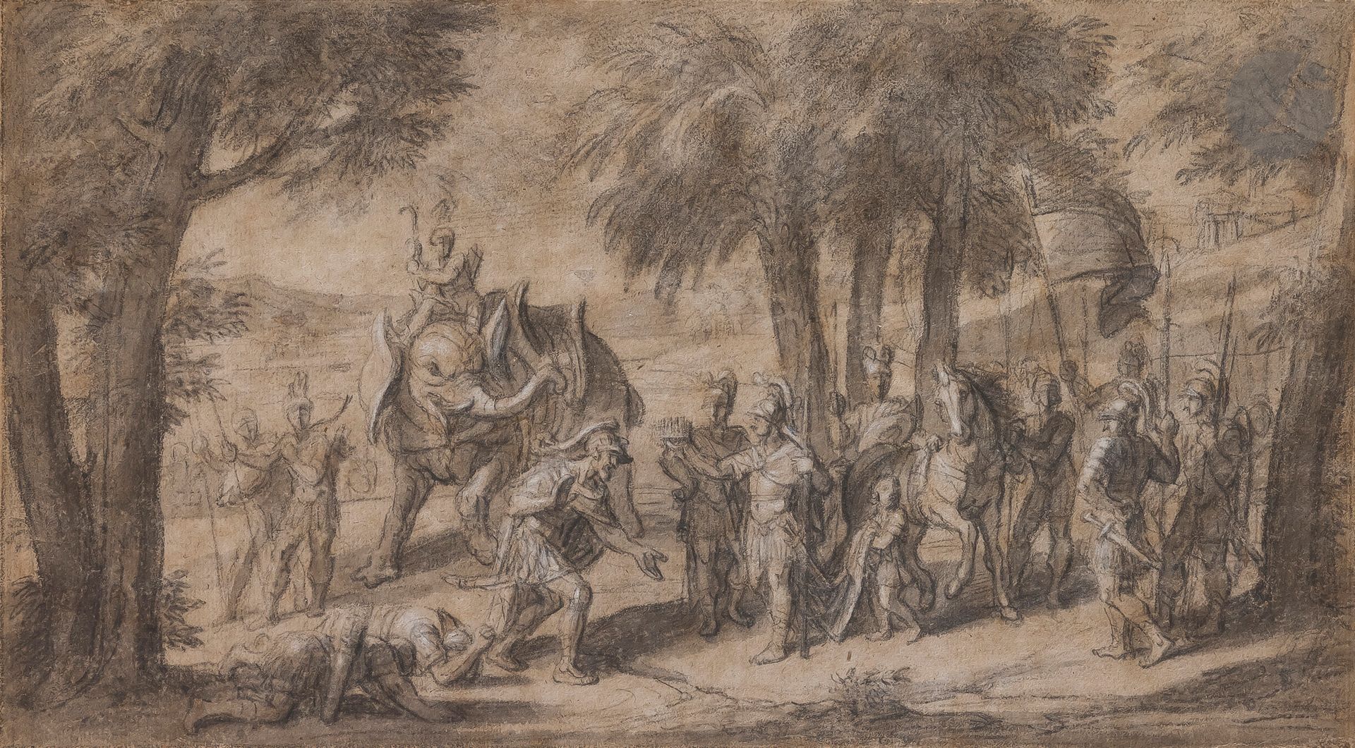 François VERDIER (Paris 1651 - 1730)
Scène de la vie d’Alexandre
Lavis brun sur traits de crayon noir et rehauts de craie blanche sur papier chamois.
(Petits manques sur les bords, dessin doublé).
17,2 x 30,5 cm

On joint deux dessins de scènes religieuses.