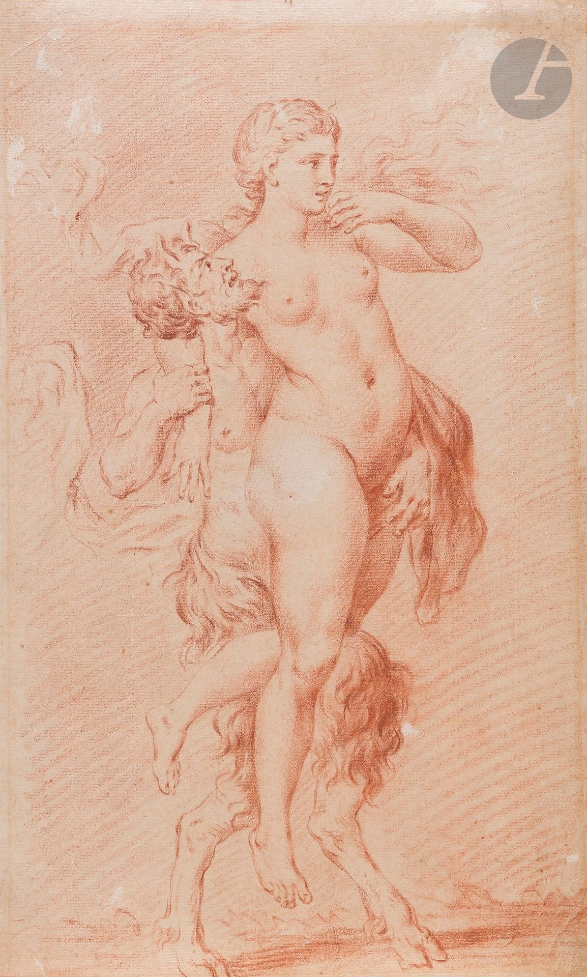ÉCOLE FRANÇAISE du XVIIIe siècle
Satyre enlevant une femme
Sanguine.
(Usures et épidermures).
39 x 24 cm

On joint une étude de tête d’après un maître et une contre épreuve de Parrocel.