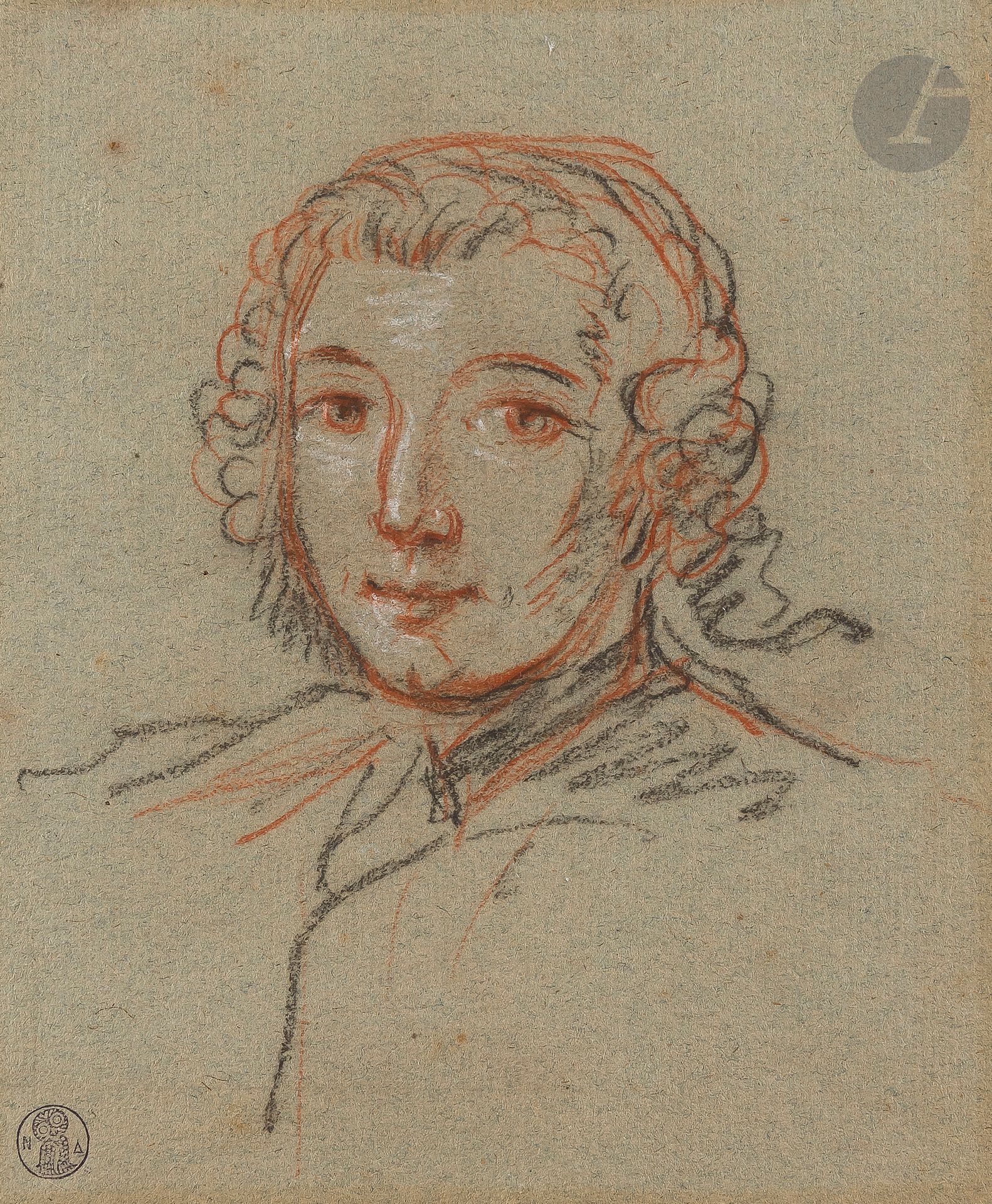 ÉCOLE FRANÇAISE du XVIIIe siècle
Portrait d’homme
Trois crayons sur papier anciennement bleu.
(Légèrement insolé, traces d’un ancien montage).
19,5 x 16,5 cm

Provenance :
- Ancienne collection N. Dikéos, son cachet en bas à gauche (L. 3529).
- Ancienne collection L. Maudet, son cachet en bas à droite (L. 3582).