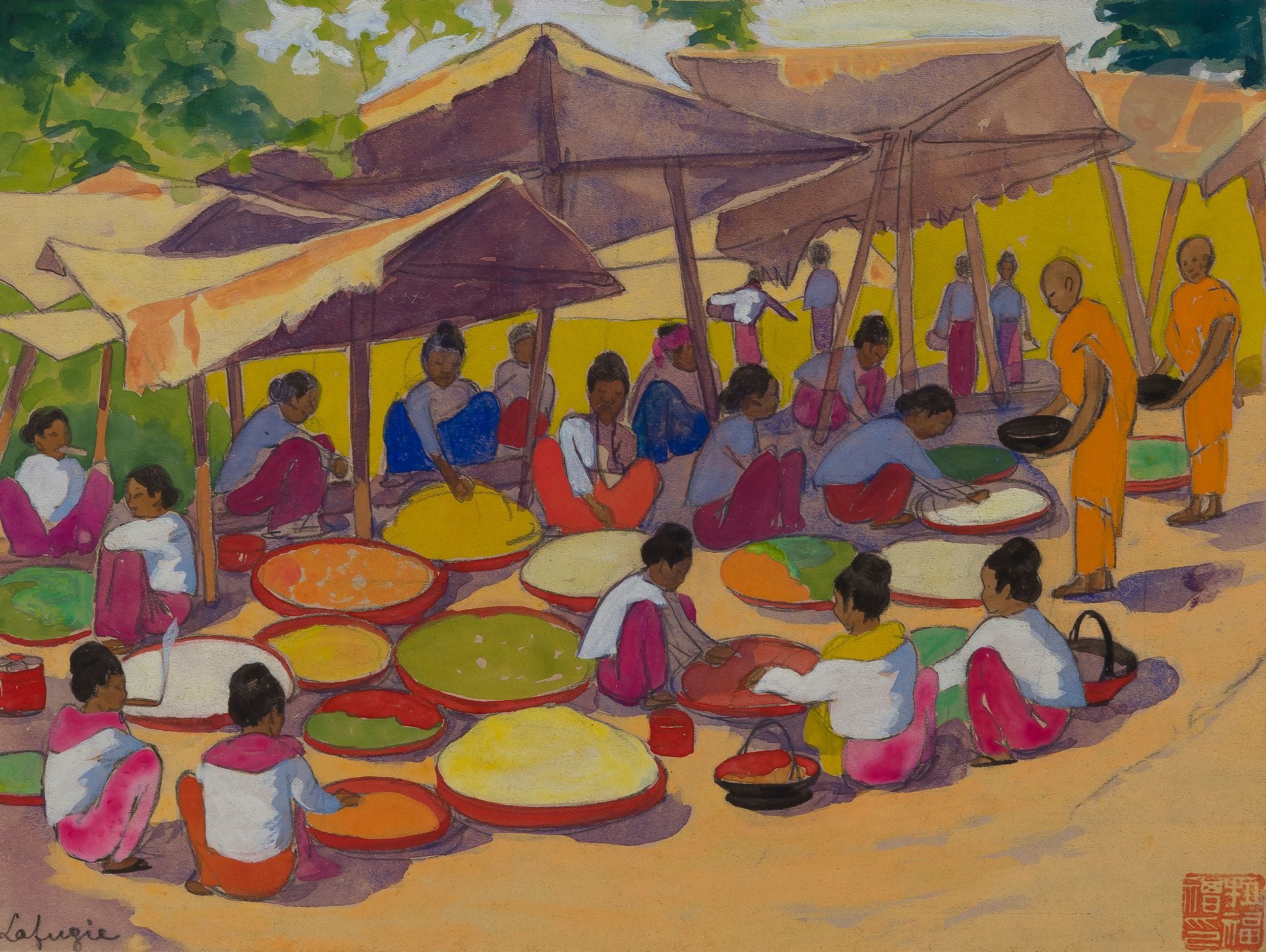 Léa LAFUGIE (1890-1972)
Scène de marché à Mandalay en Birmanie
Encre, gouache et aquarelle sur papier.
Signée en bas à gauche.
Située et sceau en bas à droite.
24 x 31,5 cm

On y voit deux moines mendiant leur nourriture au milieu de jeunes femmes sous des dais affairées devant des grands récipients de divers ingrédients et épices.

