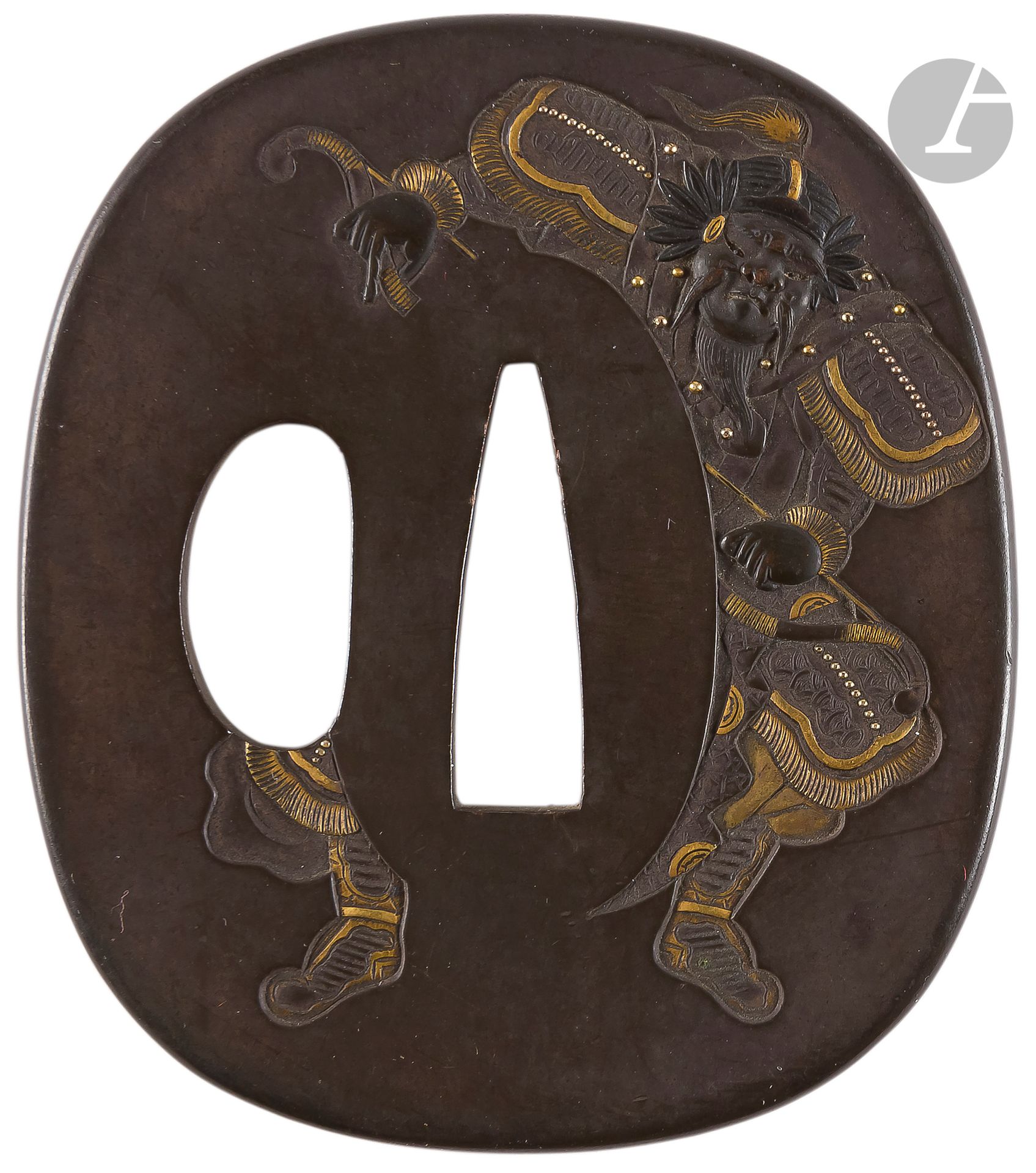 Tsuba nadekaku gata in shibuichi, Mito style, Japan, 19th century 
Chiseled in shishiaibori and inlaid in takazogan of shakudo and silver, some parts gilded in tokin. It represents a Chinese warrior and his bow. It could be a representation of the great archer of the Han period named Houyi or yi (Gei in Japanese). On the reverse side, two arrows on the ground are chiseled using the same technique. Unsigned.
6,5 x 5,5 cm

