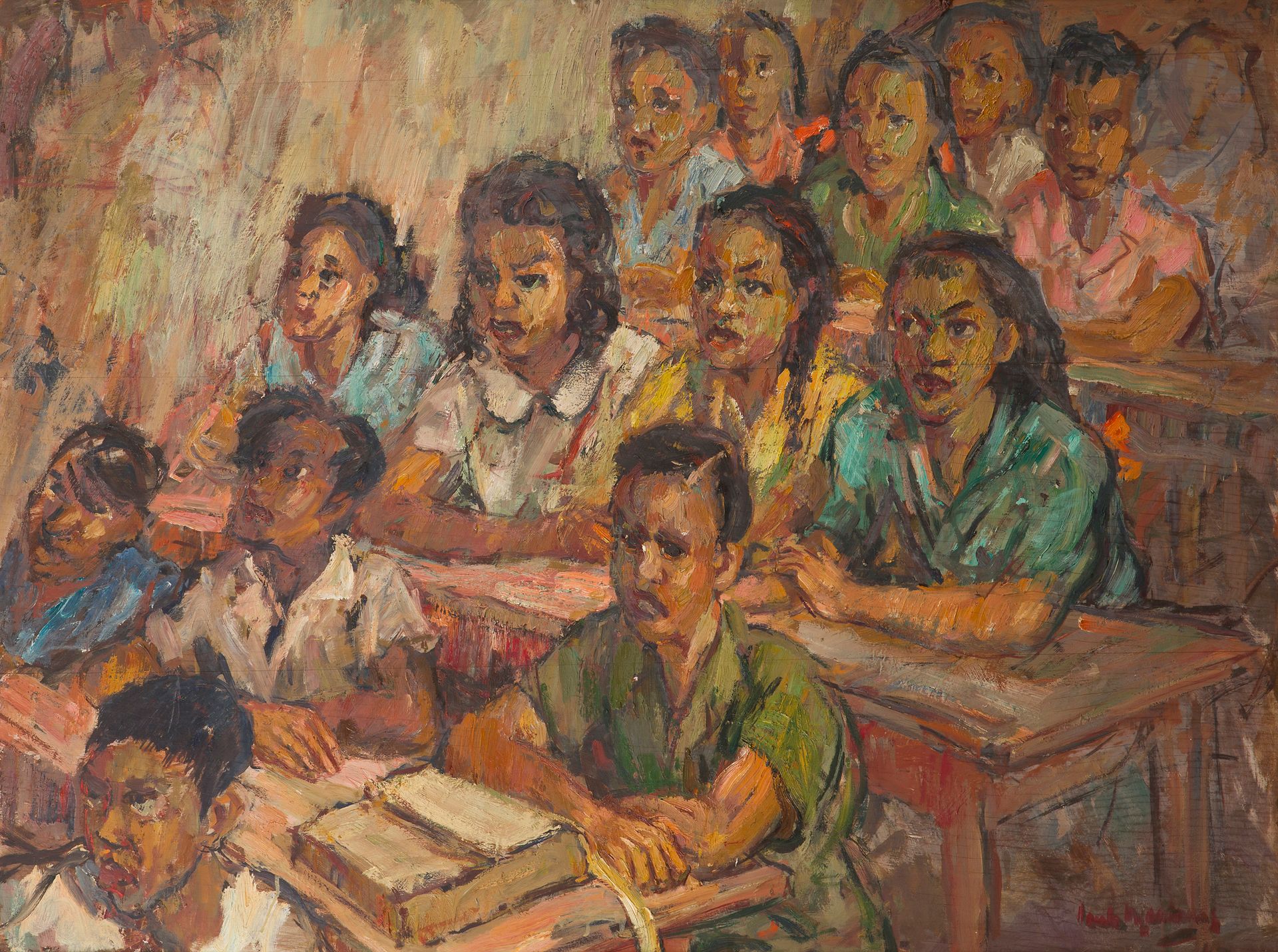 Henk NGANTUNG (1921-1991)
Enfants dans une classe
Huile sur toile.
Signée en bas à droite.
90 x 122 cm

Une scène de classe où des écoliers attentifs, garçons et filles, sont assis devant des tables, les yeux tournés vers la même direction, probablement vers l’instituteur. L’un a son cartable posé devant lui.
Hendrik Hermanus Joel Ngantung est un peintre autodidacte indonésien. Engagé dans plusieurs mouvements artistiques indonésiens, dont le Gelanggang dans les années 1950, il a une brève carrière politique en tant que vice-gouverneur de Jakarta entre 1960 et 1965. Il renoue ensuite avec la peinture pour y consacrer sa vie. Sa première exposition personnelle fut organisée en 1990, juste avant sa mort.

