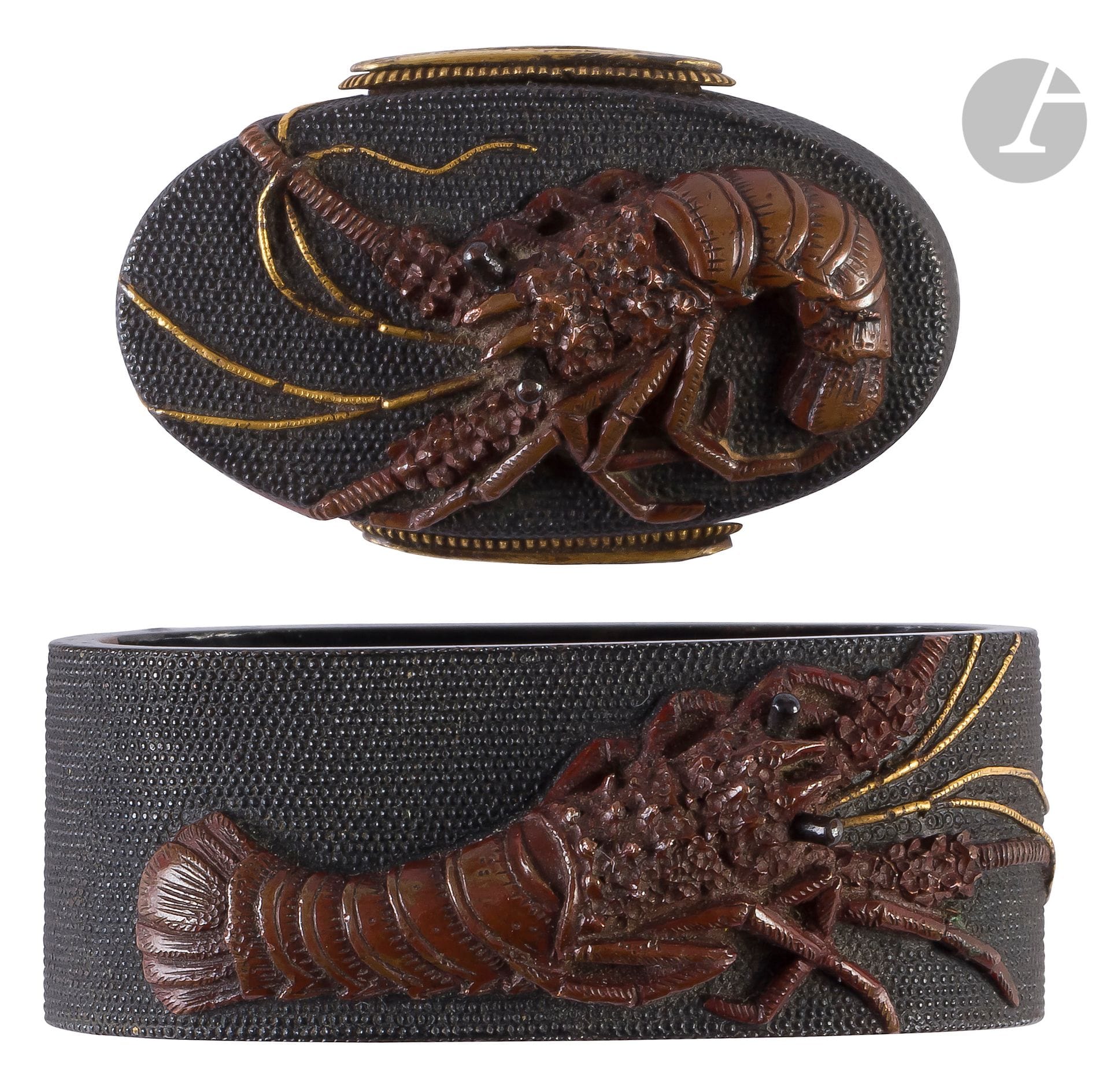Fuchi-kashira in shakudo with nanako background, Japan, mid-Edo period (1603-1868)
Each chased and inlaid in iroe takazogan of suaka, gold and shakudo of a lobster. Bears an engraved signature of Iwamoto Konkan - 岩本昆寛 (1744-1801) with Kao. Probably a later workshop work.
Length : 3,8 cm

Provenance: 
Former Grataloup collection.

