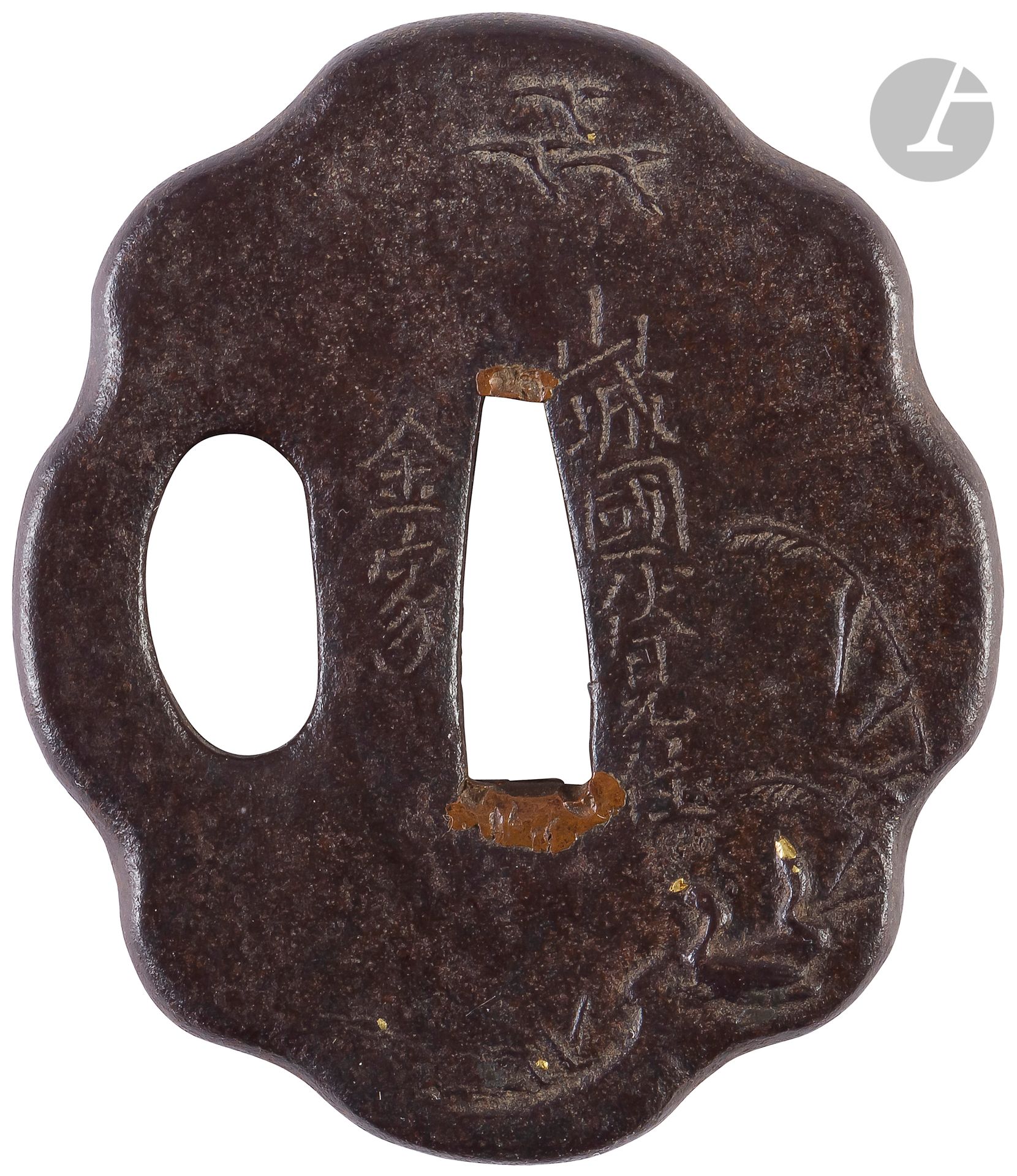 Iron wakizashi tsuba, Kaneiye school, Japan, mid-Edo period, circa 1700
Of yatsu mokko gata form chased in light relief with geese in reeds. Signed Yamashiro Kuni Fushimi ju Kaneiye-山城国伏見住 金家.
6.2 cm

Provenance:
Former Grataloup collection.

