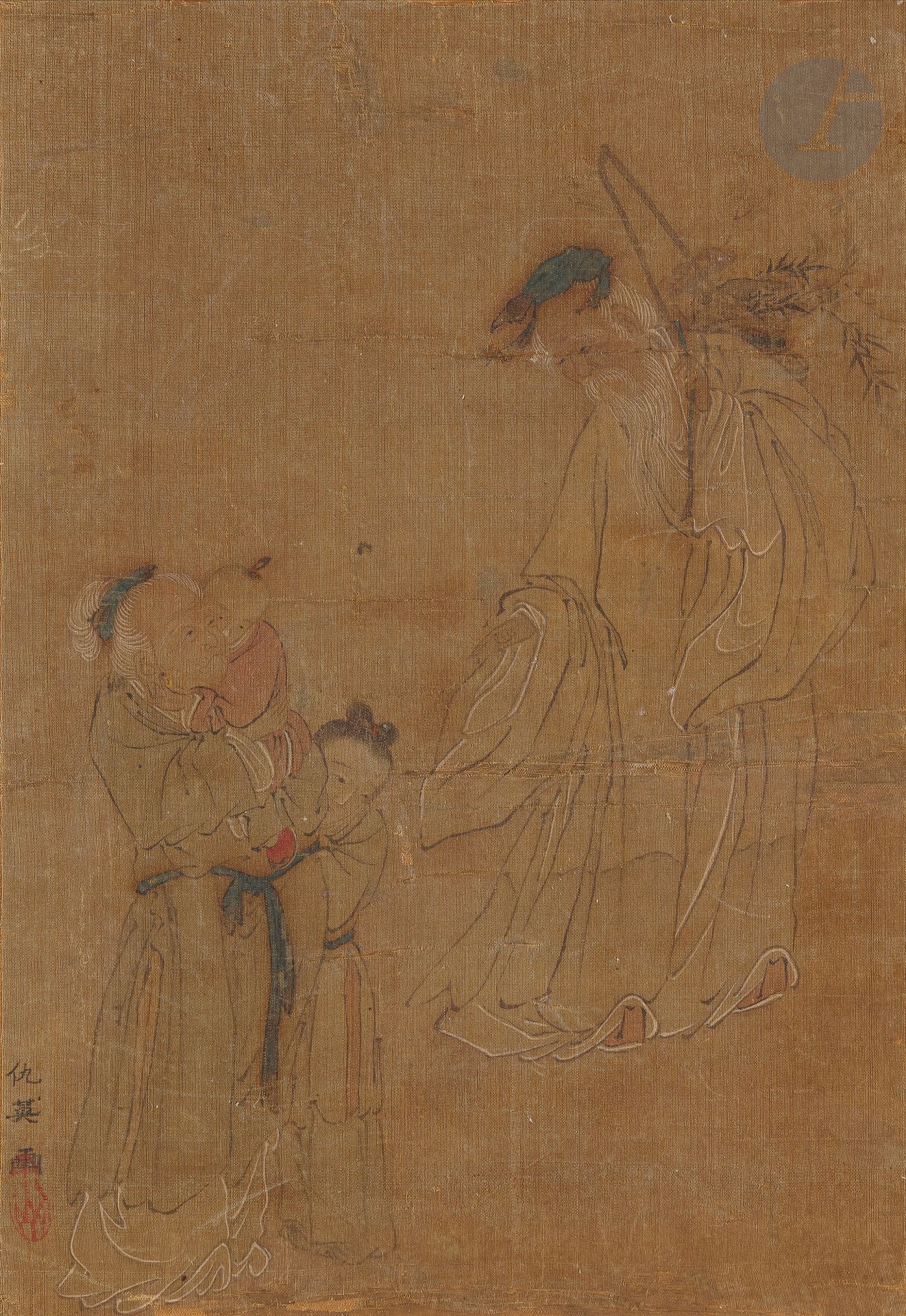 Petite peinture sur soie, dans le style de Qiu Ying - 仇英 (célèbre peintre de l’époque Ming 1494-1551/2), Chine, époque Qing
Encre et polychromie sur soie représentant une vieille femme portant un enfant, un autre blotti à son côté, faisant face à un vieillard barbu coiffé d’un fichu bleu et portant sur son épaule un panier contenant des champignons lingzhi et des branches de bambou, représentation probable d’un immortel taoïste.
Porte la signature de Qiu Ying 仇英 ainsi qu’un sceau rouge.
30 x 20,5 cm
Contrecollée sur carton.

清 - 仇英风格绢本设色人物小画
款：仇英

