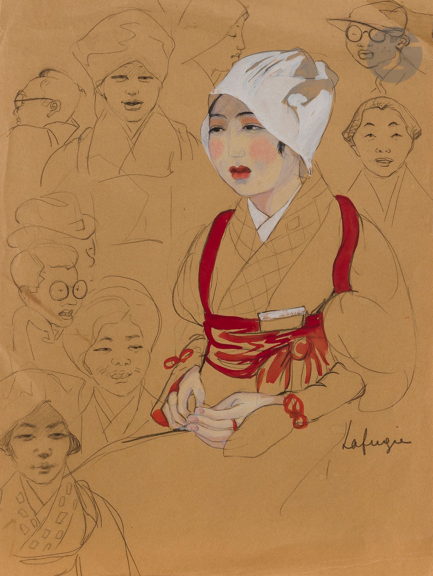 Léa LAFUGIE (1890-1972)
Portrait d’une jeune femme japonaise portant une coiffe de paysanne
Crayon, gouache et aquarelle sur papier. 
Signé en bas à droite.
35 x 26,5 cm

Autour de ce portrait, traité en blanc et rouge, des croquis de visages de femmes et d’hommes au crayon.

