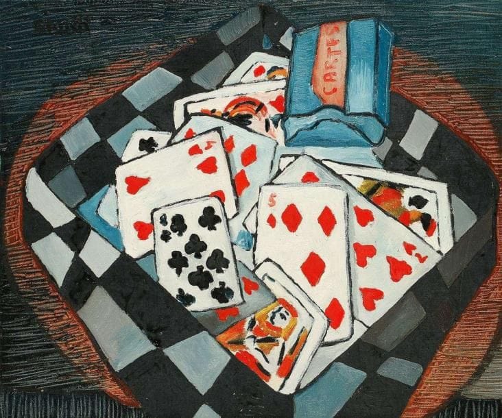 Raymond ABNER (1924-1999)
Jeu de cartes, 1951 Huile sur toile. Signée en haut à gauche. Signée et datée au dos. 46 x 55 cm