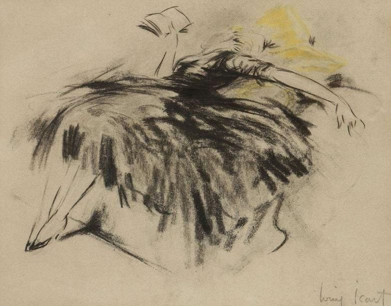 Louis ICART (1888-1950)
Jeune femme allanguie à la lecture Fusain et pastel. Signé en bas à droite. (pliures). 33,5 x 43 cm