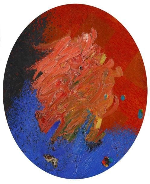Joël KERMARREC (né en 1939)
Flamme jalouse avec scarabé bleu, 1984-85 Huile sur toile ovale. Monogrammée, datée 84-85 et titrée au dos. 46 x 38 cm