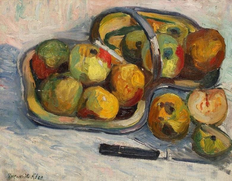 Marguerite KLEE (XIXe-XXe)
Nature morte aux pommes Huile sur toile. Signée en bas à gauche. (petits manques). 32 x 40 cm