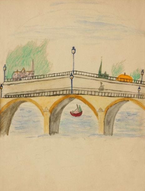 Marie LAURENCIN (1885-1956)
Le pont Aquarelle. 20,5 x 15,5 cm Commentaire: Ce dessin figure dans les archives Marie Laurencin. Un certificat de Daniel Marchesseau sera remis à l'acquéreur
