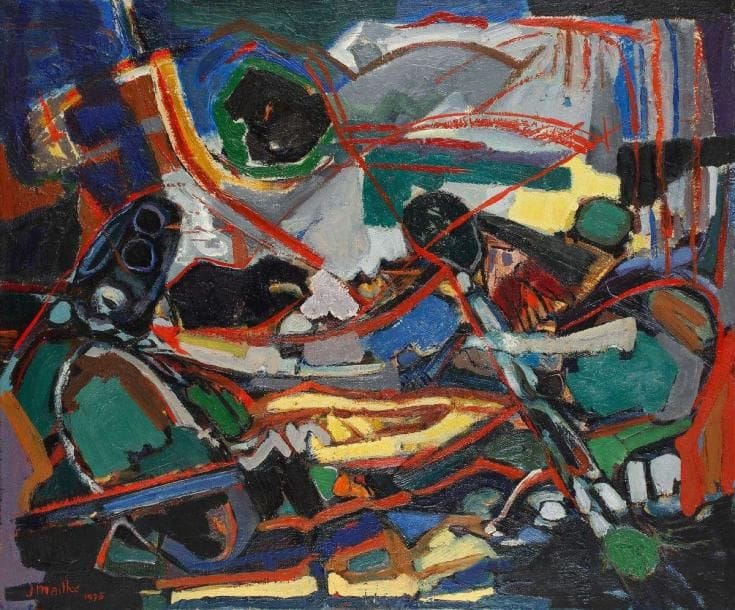 Jean MAILHE (né en 1912)
Ici ou ailleurs, 1975 Huile sur toile. Signée et datée en bas à gauche. Titrée au dos sur le châssis. (petit manque). 54 x 65 cm