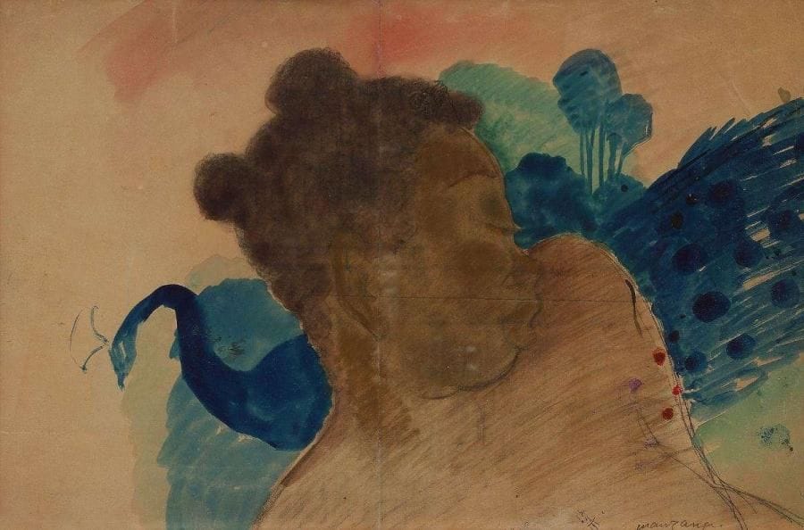 Georges MANZANA-PISSARRO (1871-1961)
Femme au paon Aquarelle, encre, crayon et rehauts d'or. Signé en bas vers la droite. (accidents, traces de pliures). 33 x 49,5 cm