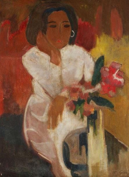 Sièn NGUYEN [viètnamien] (1916-?)
Jeune femme au bouquet, 1967 Huile sur toile. Signée et datée en bas à droite. (petits accidents et manques, châssis postérieur). 81 x 60 cm