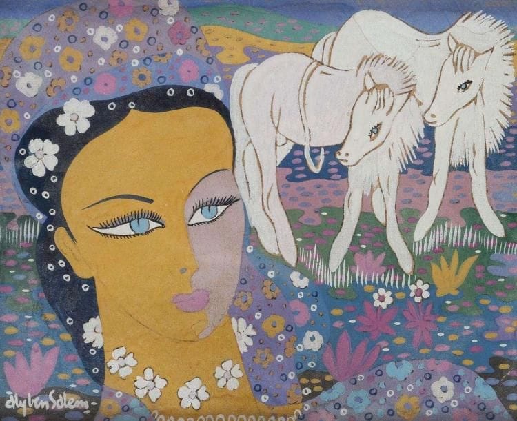 Aly BEN SALEM (1910-2001)
Femme aux deux chevaux Gouache. Signée en bas à gauche. 21,5 x 27 cm