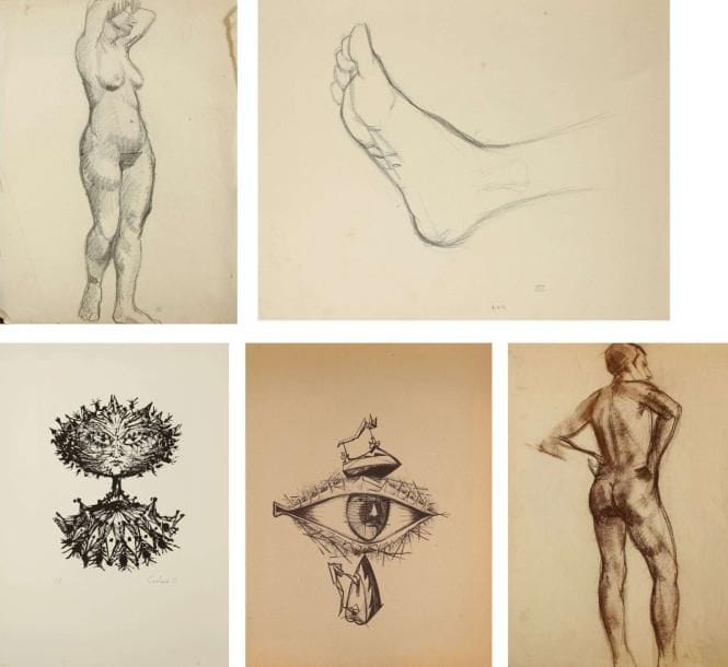 Lucien COUTAUD (1904-1977)
Etude de femmes, pieds et mains Ensemble de 11 dessins au crayon ou pastel. Portent tous le cachet de la vente de l'atelier. Formats divers. On y joint deux lithographies