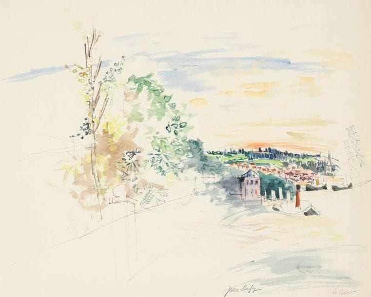 Jean DUFY (1888-1964)
Paysage, Le Croiset Aquarelle. Porte le cachet de la signature en bas vers la droite. 47,5 x 59,5 cm Un certificat de Jacques Bailly sera remis à l'acquéreur