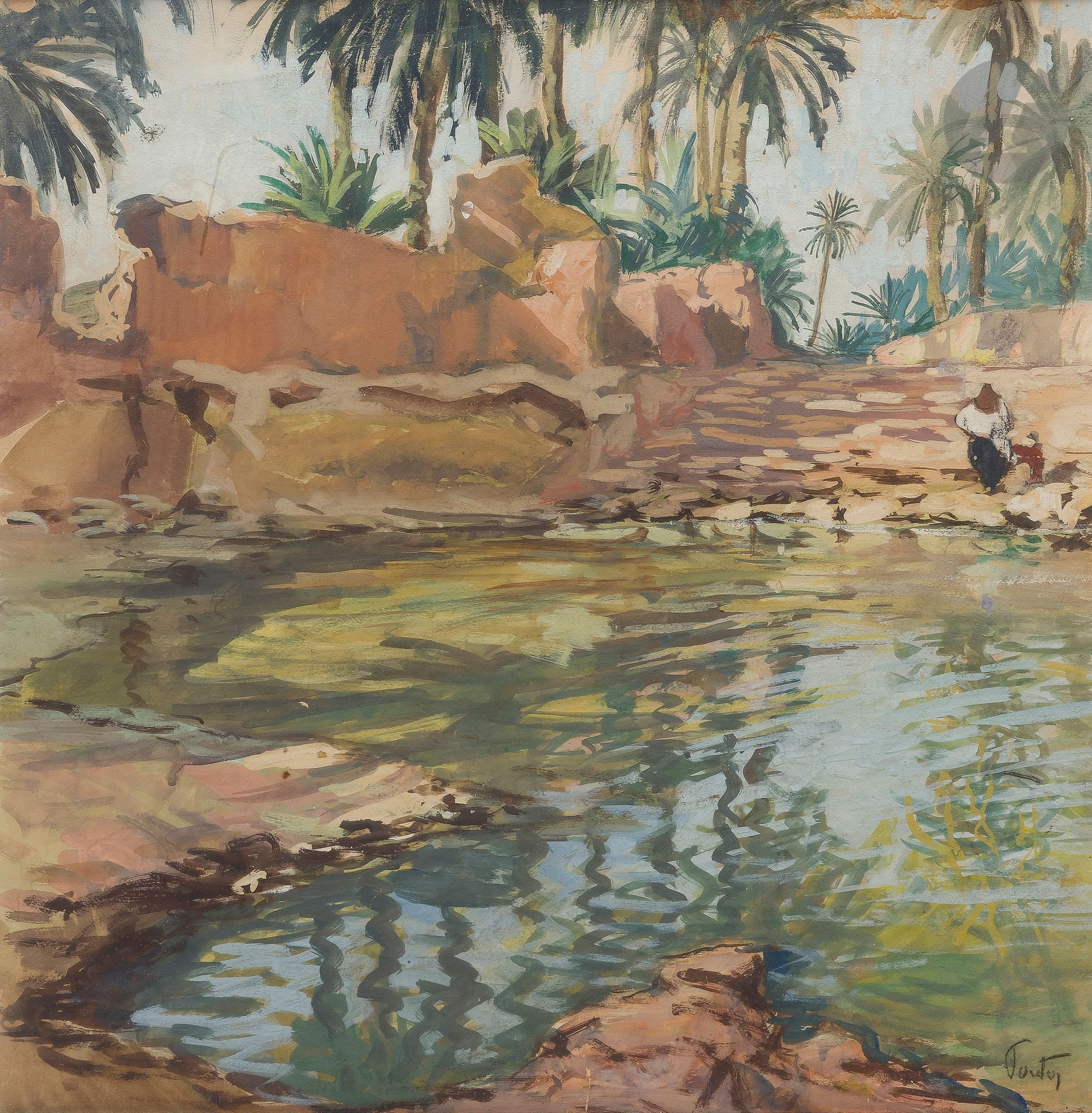 Henri-Jean PONTOY (1888-1968)
Maroc, femme et enfant dans la palmeraie
Gouache. 
Signée en bas à droite. 
45 x 43 cm