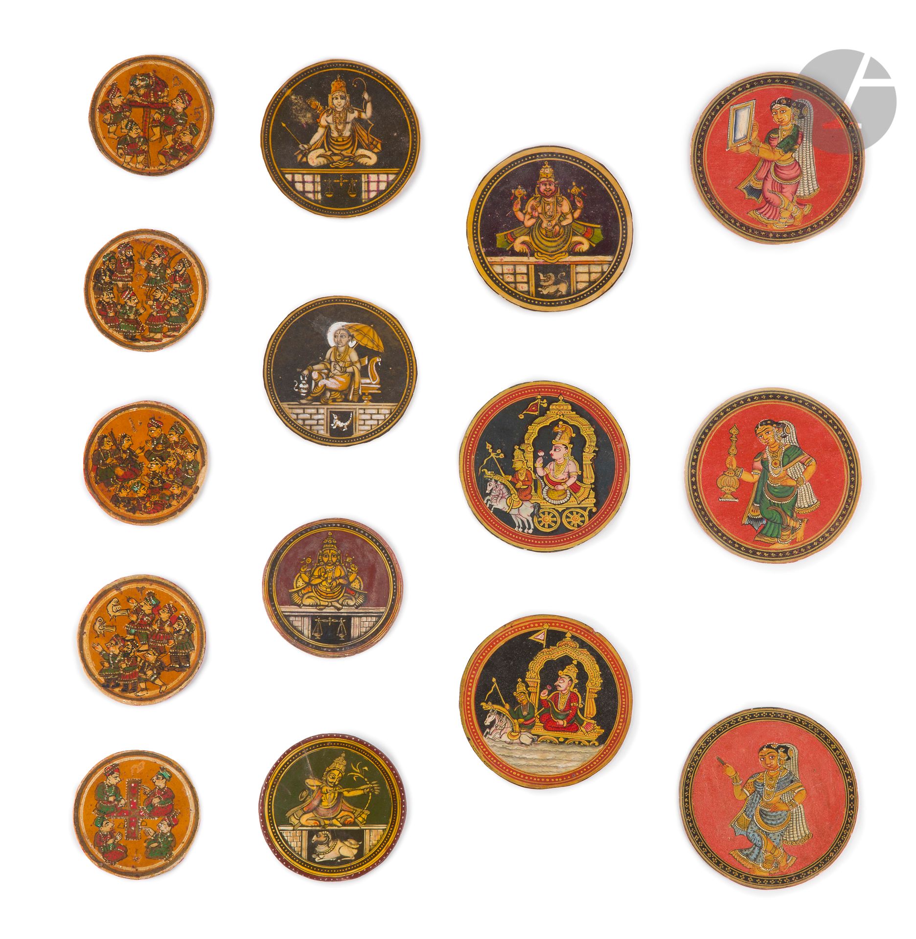 Fifteen ganjifa playing cards, India, early 20th century
Round playing cards of different diameters made of painted and lacquered papier-mâché with several human figures going about their business and Hindu figures such as Vishnu, Shiva Nataraja, Varuna, Vedic deity, Manmadhan, god of Love.
Diameter : from 5,2 to 7,5 cm
Slight damages, chips, wear, some of them captioned on the back.
Five rectangular ganjifas are included, each representing respectively Hanuman (framed), one a rearing horse, a warrior rider, an elephant and a warrior on foot.
Height : 7 to 9 cm 
 
15 Ganjifa Playing Cards, India, early 20th century