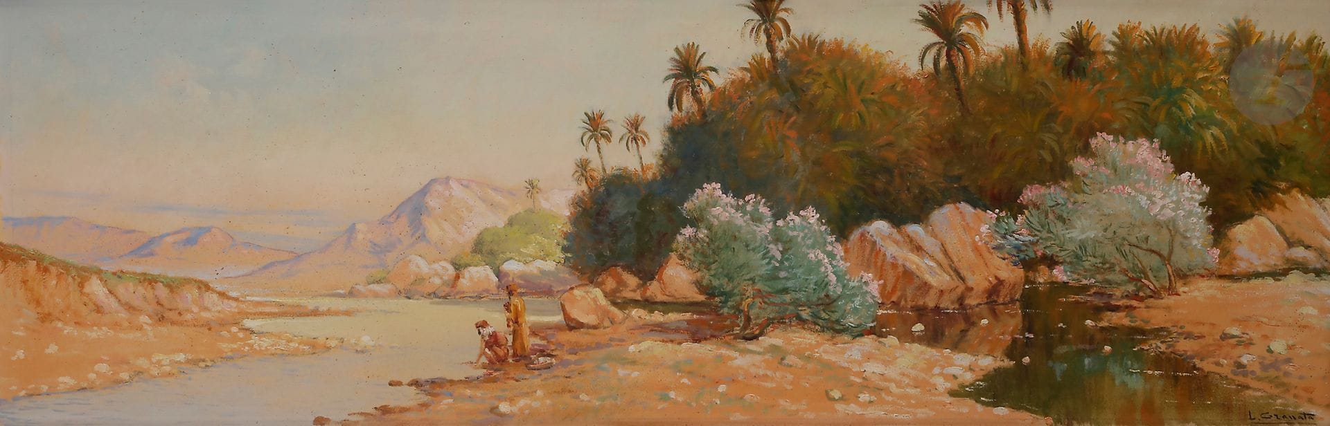 Louis GRANATA (1901-1964) 
Oued aux portes du désert
Huile sur toile. 
Signée en bas à droite. 
50,5 x 135,5 cm