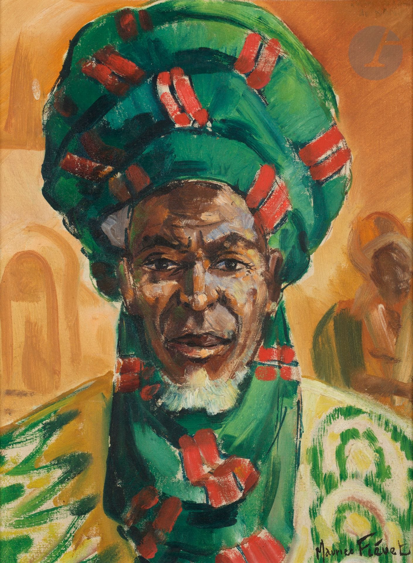Maurice FIEVET (XIX-XXth century) 
Portrait of a man with a green turban 
Oil on isorel. 
Signed lower right. 
47 x 35 cm