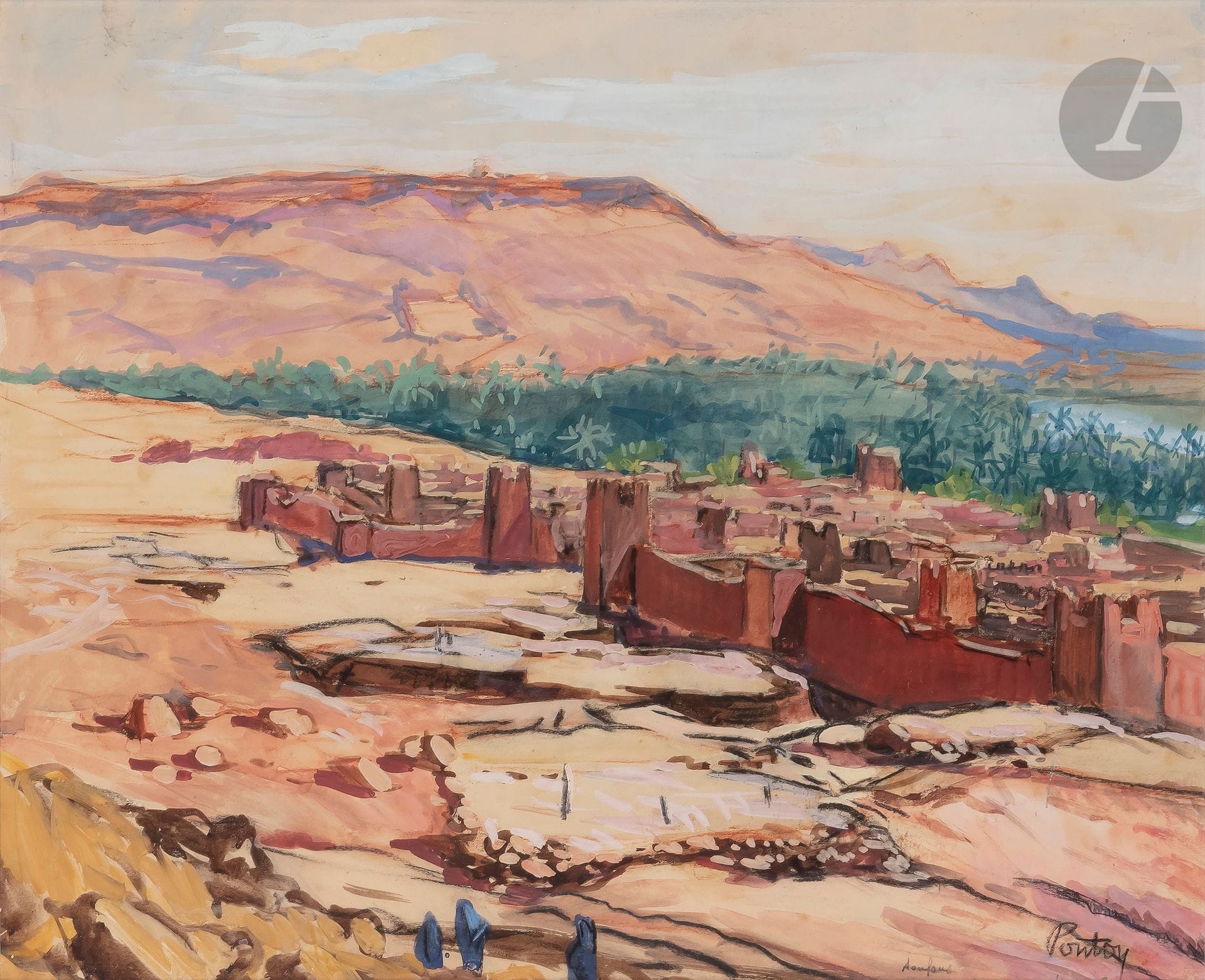 Henri-Jean PONTOY (1888-1968) 
Maroc, l’oasis d’Aoufous 
Gouache et fusain. 
Signée et située en bas à droite. 
39 x 49 cm