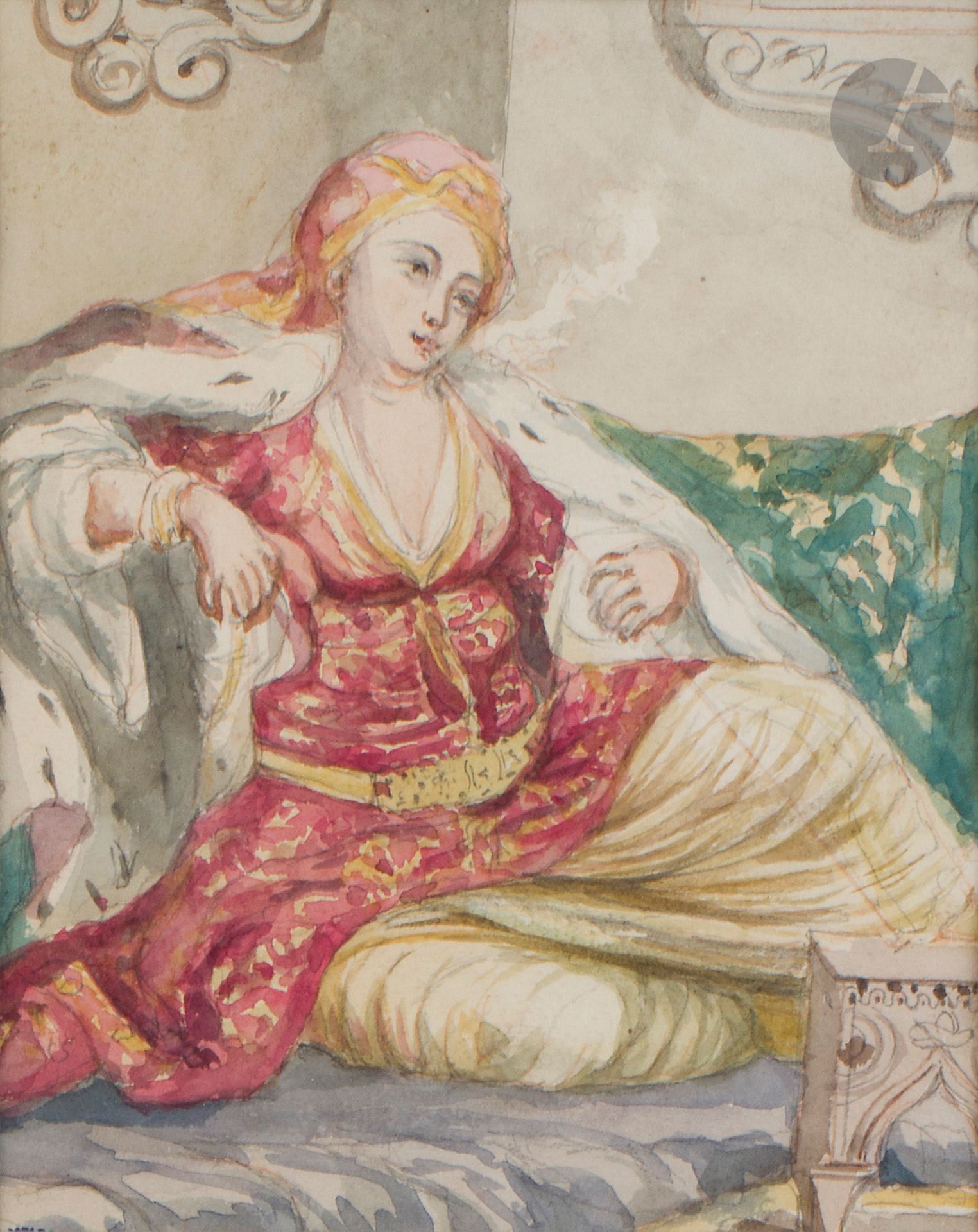 Marie de MELFORT (1825-1907)
- Huqqa smoker; - animated interior; - seated oriental woman; - scene of games in interior; - scene of prayer; - women in interior drinking coffee; - smokers in interior; - single woman smoking in interior; - portrait of seated young girl
Watercolors (4), lead pencil and wash (4), lead pencil (1).
Workshop stamp M. de Melfort 1826-1907 (7).
Dimensions : from 9,5 x 14,4 to 19 x 28,5 cm