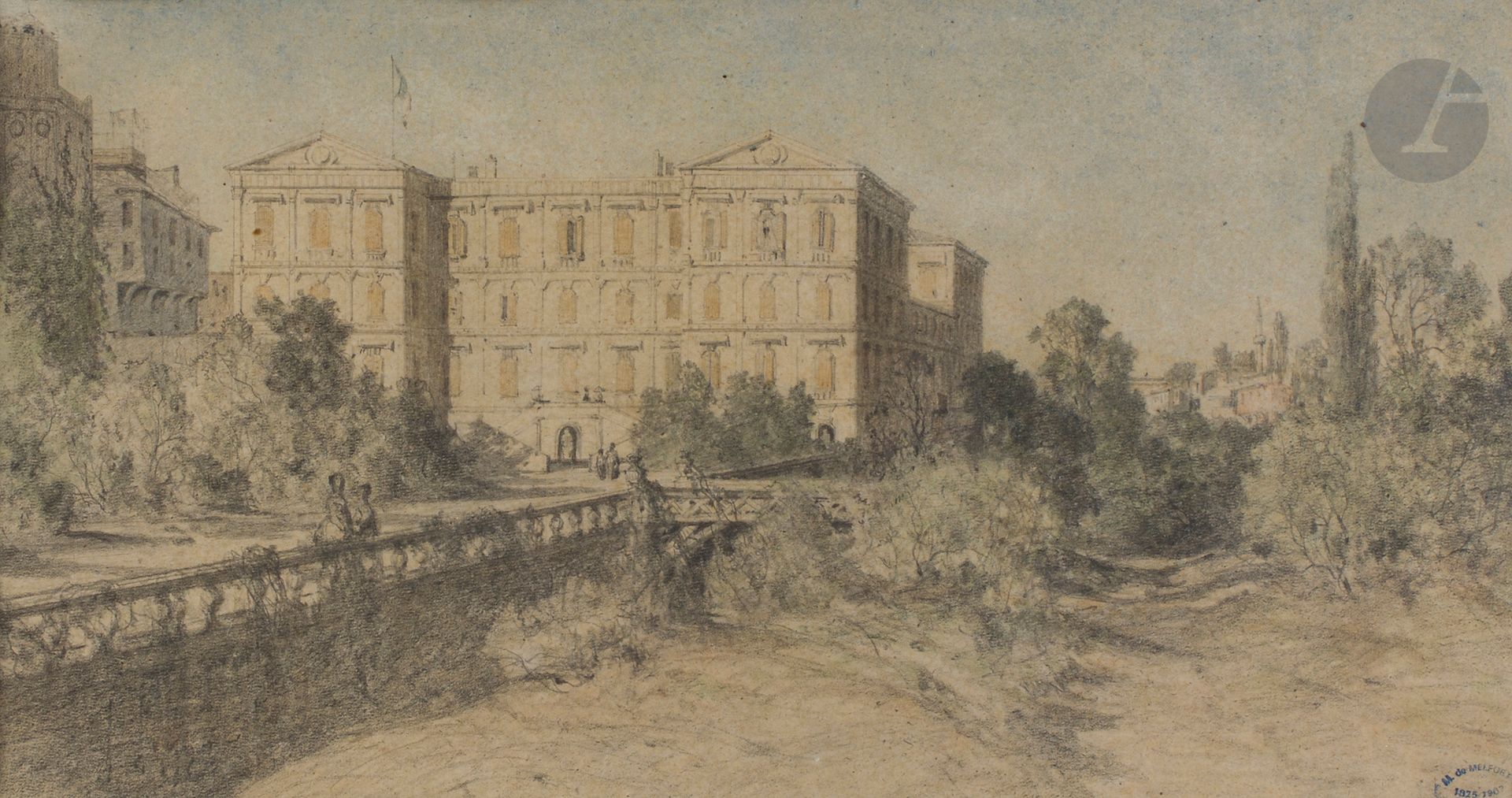 Marie de MELFORT (1825-1907)
- Terrasse du palais de France à Therapia ; - 2 vues du palais de France à Therapia ; - intérieur du palais de France ; - plan de l’étage supérieur du palais de France à Therapia
Mines de plomb (4) ; aquarelle (1).
Cachet de vente d’atelier M. de Melfort 1826-1907 (3).
Dimensions : de 20 x 28,5 à 19 x 36 cm
(Pliures).