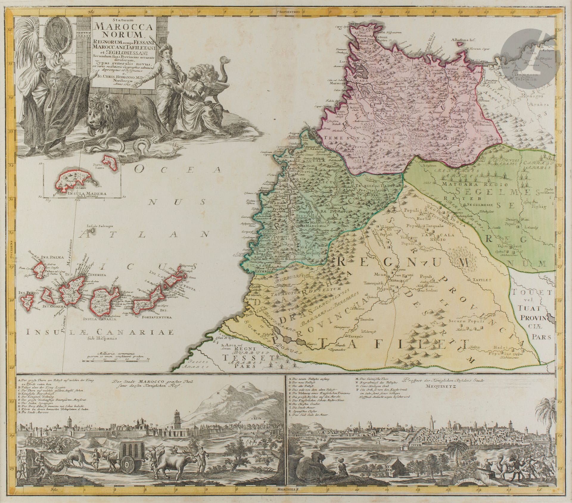 Two ancient maps of North Africa, Europe, 16th - 17th century
Engravings enhanced with colors. The first one, titled "Statuum Marocca Norum", representing the different regions of Morocco as well as the Canary Islands and Madeira. In the lower part, two captioned views of Moroccan cities, Marrakech on the left and Meknes on the right. Double page paper under frame. Johann Christoph Homann, Nuremberg, 1728; the second, titled "Barbariae et Biledulgerid Nova Descriptio", representing the North African coast from Morocco to Egypt, Abraham Ortelius, Antwerp, 1579.
50 x 58 cm and 33,4 x 50,4 cm
Freckles, light stains and crease, central fold.

Johann Christoph Homann (1703-1730) was the son of the famous German engraver Johann Baptist Homann who was imperial geographer of the Holy Roman Empire. He founded his cartographic publishing house in Nuremberg in 1602 and it soon became one of the most important in Germany. The family business was taken over by his son Johann Christoph after his death in 1724 and continued until 1848.

Two Old Engraved Maps of North Africa, Europe, 16th - 17th century
