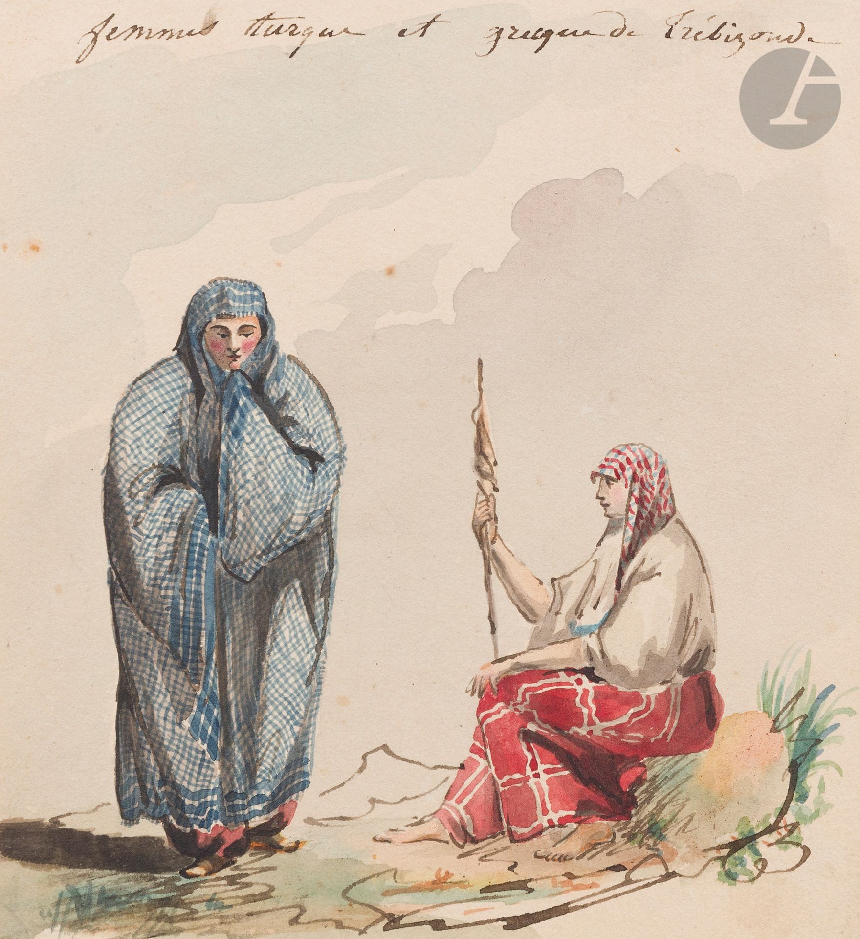 François COLOMBARI (c.1813-c.1876)
- Turcs de Trébisonde, 1848 ; - la mère Merhan, la fille Zaïneb, à Dizé, 1849 ; - interprète David à Téhéran ; - femmes turque et grecque de Trézibonde ; - marchand de comestibles à Trézibonde
5 aquarelles.
Signée (1), datées (2), titrées (5).
Cachet de vente F. Colombari 1981 pour deux (2).
De 11,3 x 8,3 cm à 17,4 x 25,6 cm
