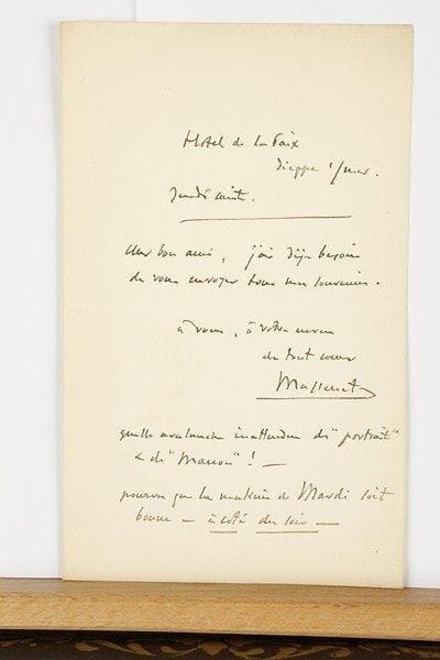 Jules MASSENET
3 L.A.S., 1894-1898 et s.d., à un ami ; 1 page in-8 chaque.Paris 26 mars 1894 : « Je sais que vous avez été parfaitement aimable pour moi, et que votre opinion sur le caractère de mon ouvrage est très juste »... 23 mars 1898 : « Je sais que vous travaillez ferme et bien à Milan. Ma pensée avec vous et tout heureux de vous applaudir dès mon arrivée ! »... Dieppe Jeudi saint : « Quelle avalanche inattendue de portrait et de Manon ! Pourvu que la matinée de Mardi soit bonne »..