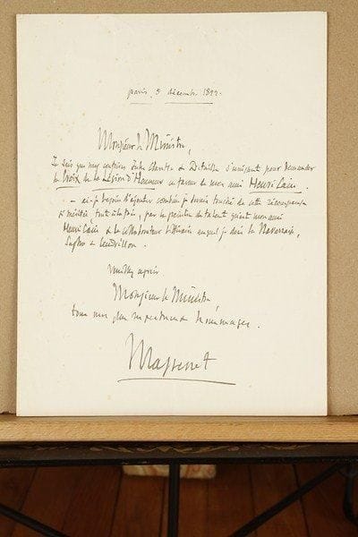 Jules MASSENET
L.A.S., Paris 5 décembre 1899, à un ministre ; 1 page in-4.« Je sais que mes confrères Jules Claretie & Detaille s'unissent pour demander la Croix de la Légion d'Honneur en faveur de mon ami Henri Cain ». Il serait très touché de cette récompense si méritée, à la fois « par le peintre de talent [...] et le collaborateur littéraire auquel je dois La Navarraise, Sapho & Cendrillon »...* 