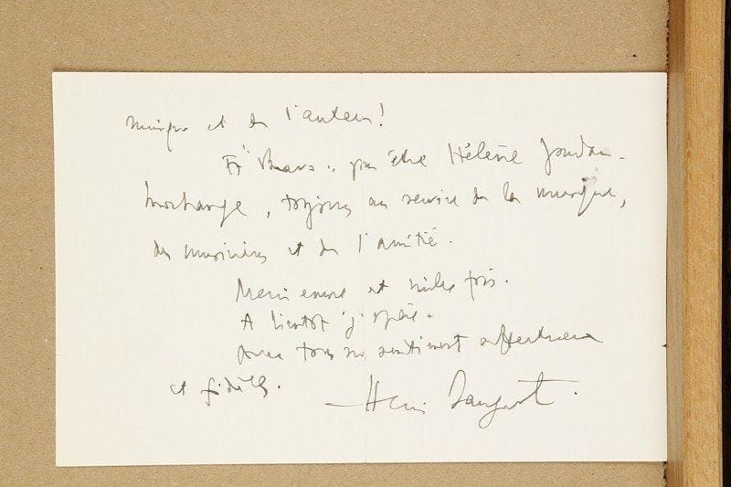 Henri SAUGUET
2 L.A.S., 1955-1957 ; 2 pages obl. in-8 et 1 page et demie in-8.Paris 26 novembre 1955, à Hélène Jourdan-Morhange. Il est content de son chapitre, « comme d'ailleurs du livre entier [Mes amis musiciens] qui est charmant, précis, intéressant, drôle, émouvant et si vivant. Merci pour la place que vous m'y avez faite, pour tout ce que vous dites de ma musique et de l'auteur ! Et "Bravo" pour être Hélène Jourdan-Morhange, toujours au service de la musique, des musiciens et de l'amitié »... Coutras 20 mai 1957, [à Hélène Abraham], au sujet d'une émission sur Claire Croiza, pour la faire programmer à la R.T.F. ; il peut intervenir près de Paul Gilson..