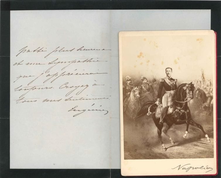 EUGÉNIE
L.S., Camden Place, Chislehurst 28 février 1873; 1 page et demie in-8 (deuil). Elle remercie son correspondant de son souvenir: « il est venu parmi les amertumes de l'exil et d'un deuil sans consolation me rappeler un passé plus heureux et une sympathie que j'apprécierai toujours »... On joint une lettre relative à l'organisation de conférences à l'Asile impérial de Vincennes, selon le voeu de l'Impératrice (17 août 1860), et 2 photos du Prince Impérial à cheval