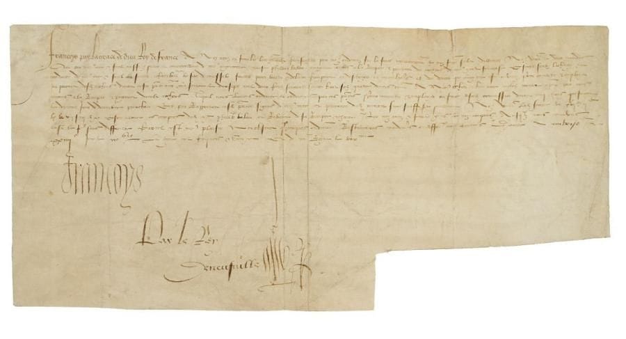 FRANÇOIS Ier (1494-1547) Roi de France. P.S., Amboise 24 novembre 1516; contresignée par le secrétaire d'État Deneufville; vélin obl. in-fol. (portrait gravé joint). Lettres patentes concernant Philibert Babou de La Bourdaisière (1484-1557, l'époux de sa maîtresse Marie Gaudin, le futur Surintendant des Finances), alors « conseiller et controlleur de nostre argenterie [...] nagueres commis à la recepte et paiement des archers de nostre garde françoise », sous la conduite du Sieur de Crussol. Le Roi ordonne aux généraux de ses finances de payer à Philibert Babou la somme de 17260 livres 8 sols 4 deniers pour le paiement desdits archers...*