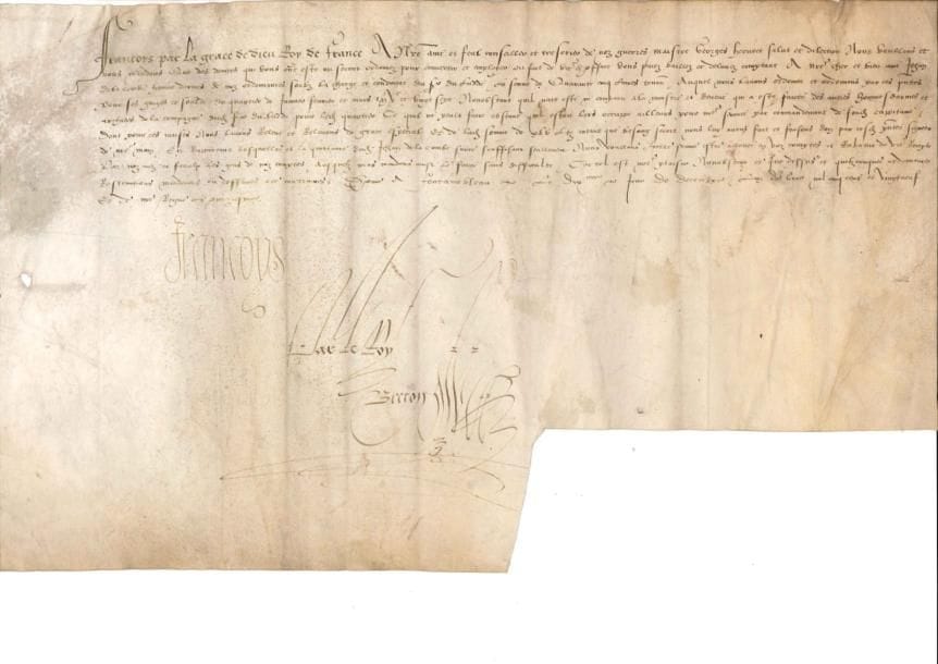 FRANÇOIS Ier. P.S., Fontainebleau 10 décembre 1529; contresignée par le secrétaire d'État Breton; vélin oblong in-fol. Ordre de payer à Jehan de La Combe, « homme darmes de noz ordonnances soubz la charge et conduitte du Sr du Ludde », la somme de 45 livres tournois pour ses gages...*